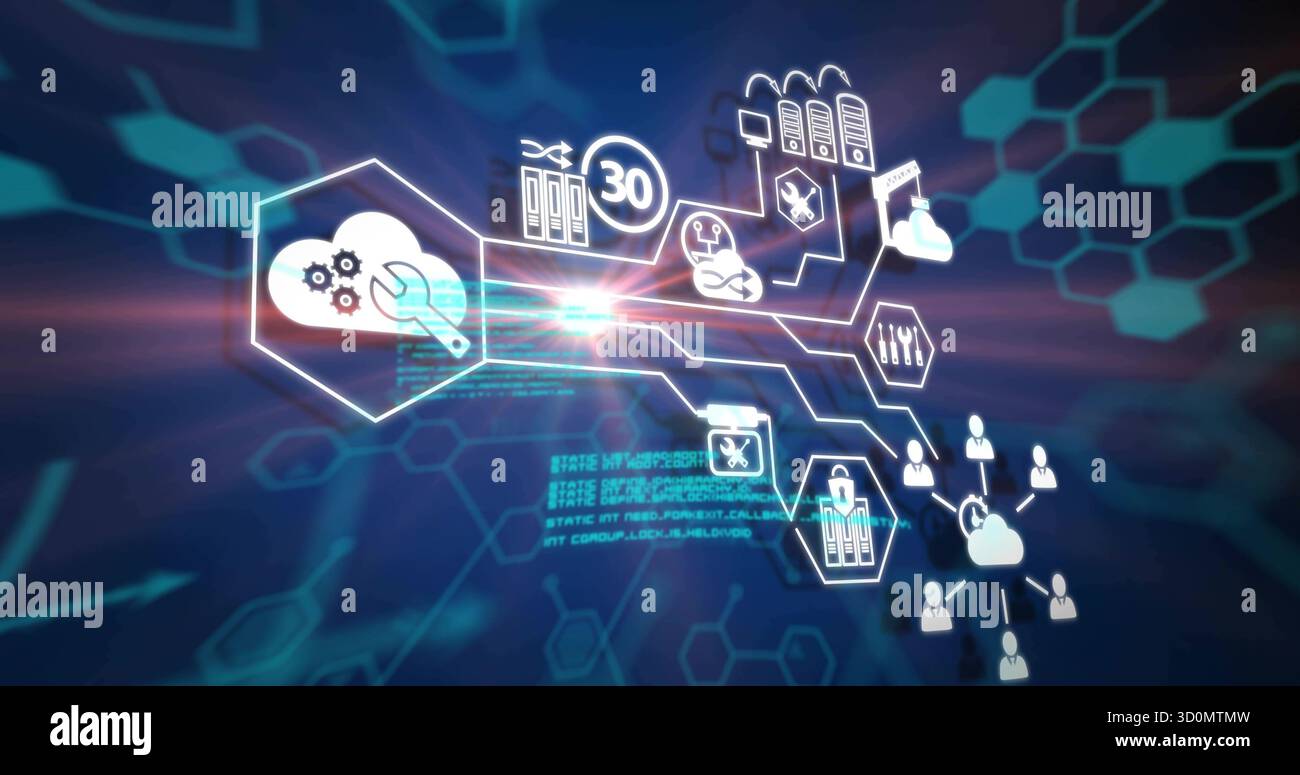 Showing cloud gear icon linking to data center in digital network with padlock and code overlay Stock Photo