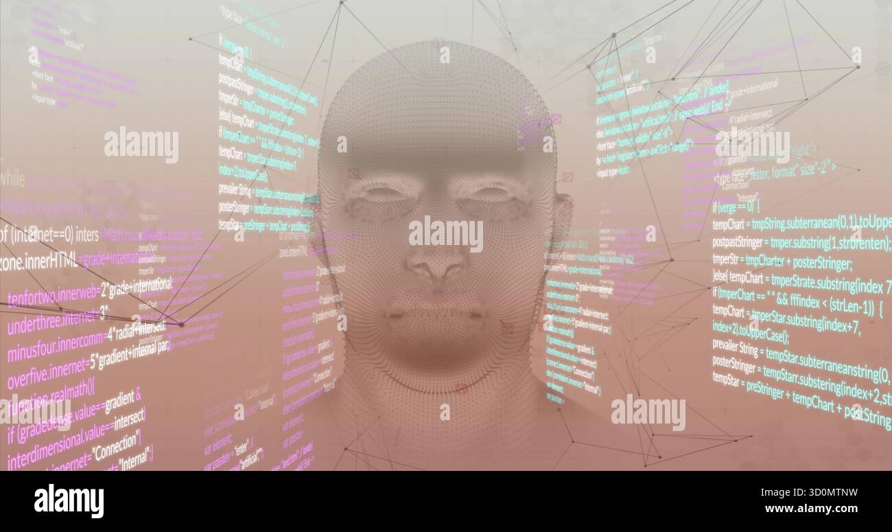 Displaying 3D wireframe head rotating in data space, with floating code snippets and network lines Stock Photo
