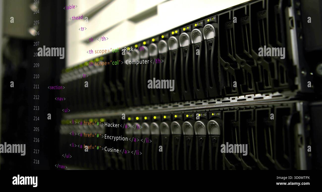 Showing server rack featuring hot-swappable drive bays in data center ...