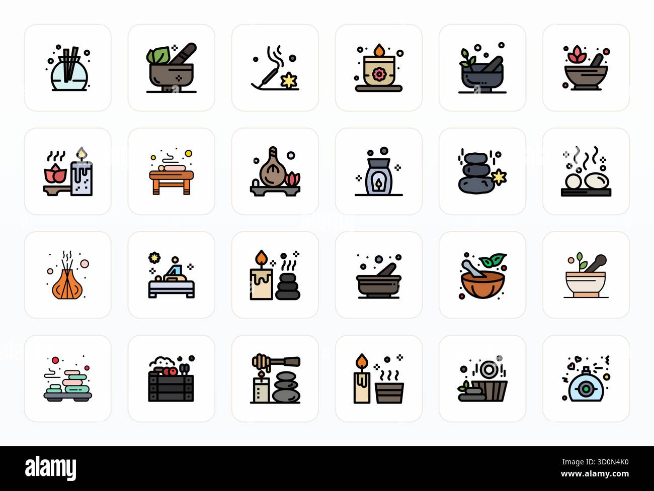 Masterfully created 24 vector icons representing Aromatherapy in Filled Line design, featuring High Resolution Grid Fitted resolution for exceptional Stock Vector