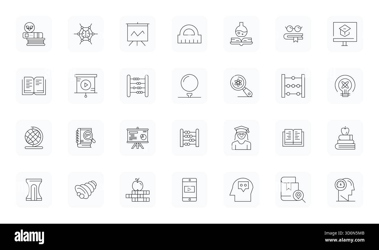 Masterfully created 28 vector icons representing Learning in Thin Outline design, featuring Retina Ready Pixel Optimized resolution for exceptional vi Stock Vector