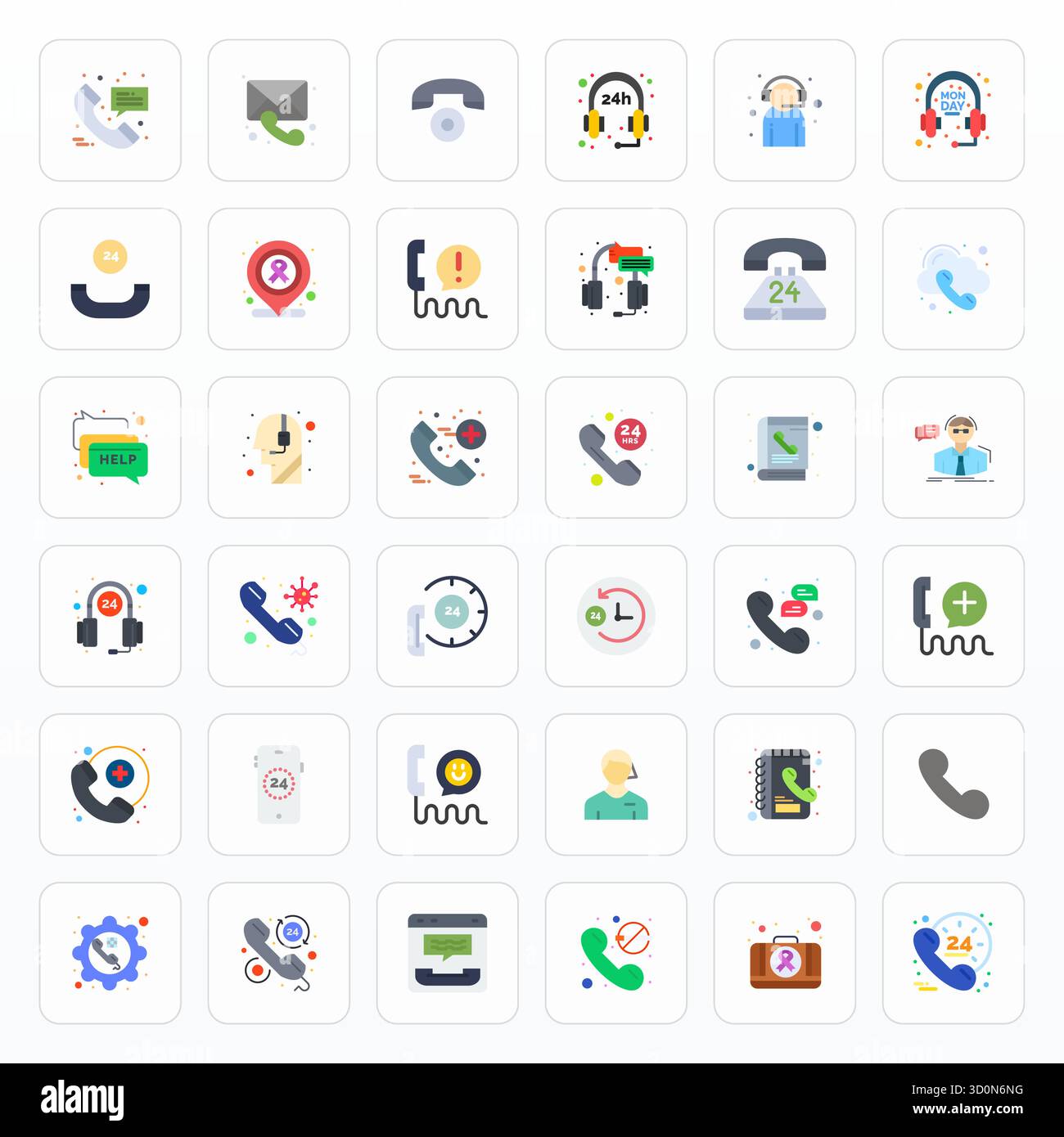 Professional-grade collection of 36 Flat vector icons representing Helpline, crafted with 128x128 Display Perfect precision for enterprise application Stock Vector