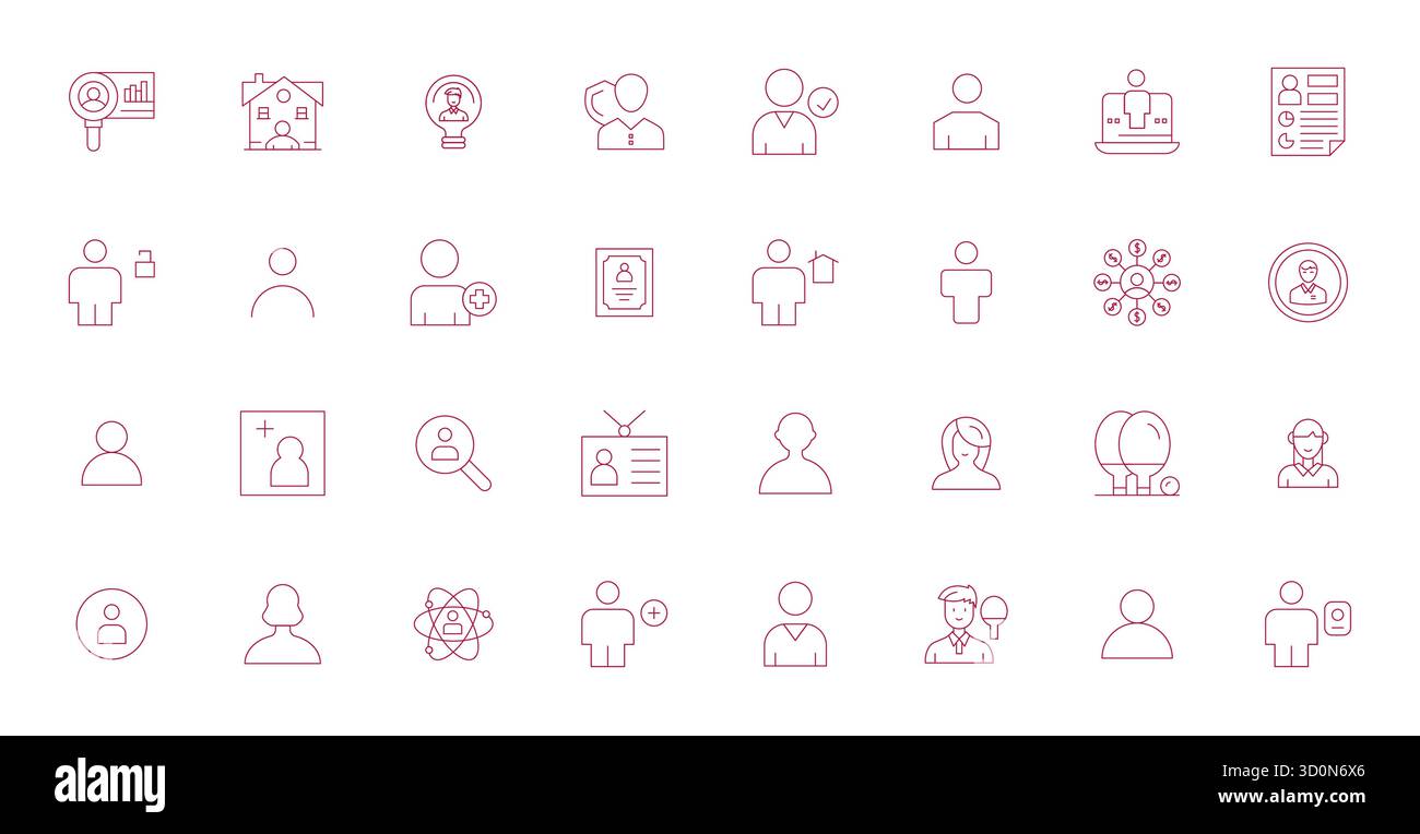 Masterfully created 32 vector icons representing Individual in Thin Line design, featuring Retina Ready Pixel Optimized resolution for exceptional vis Stock Vector