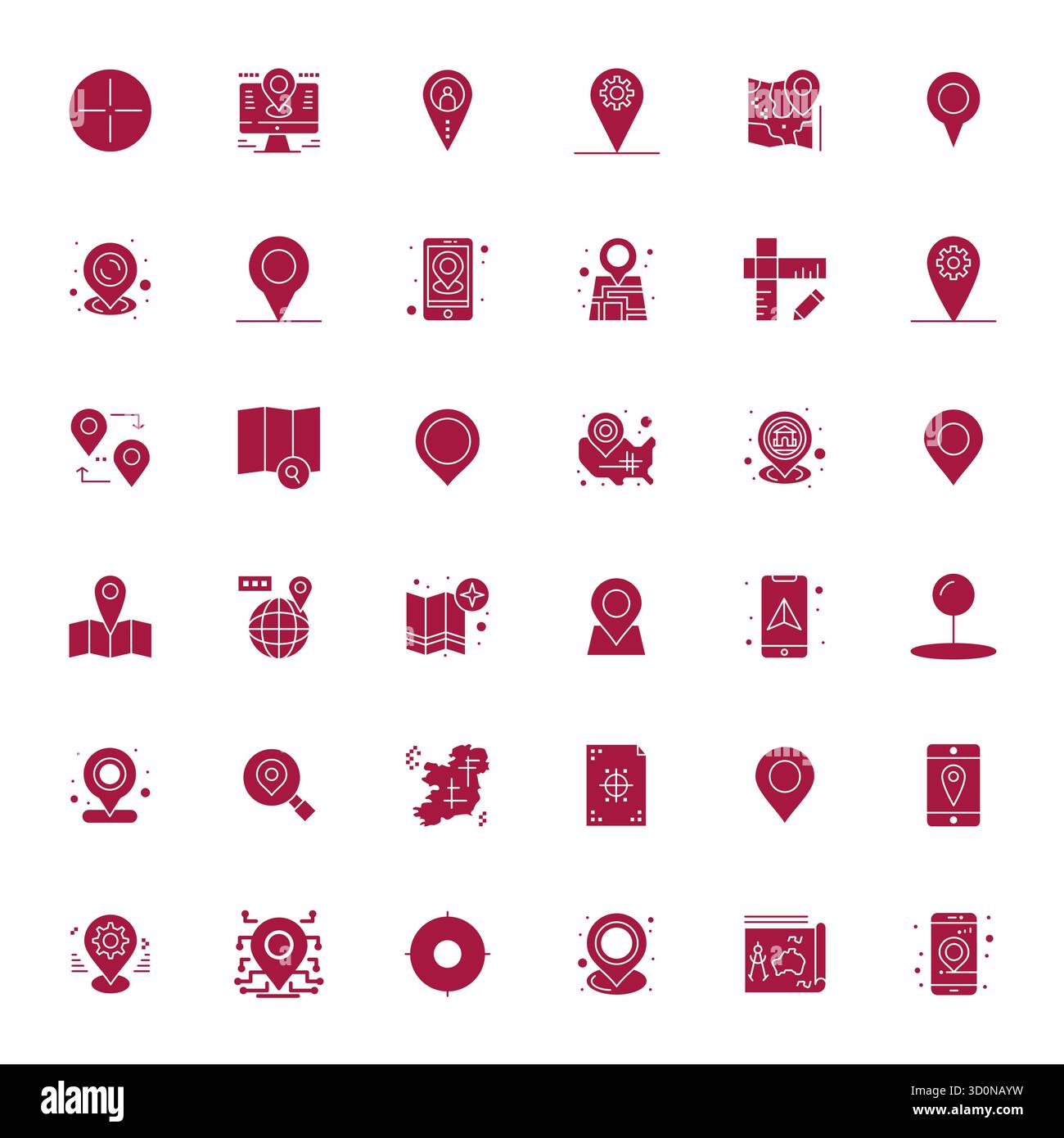 Comprehensive bundle featuring 36 vector icons in Filled design for Coordinates, delivered in crisp 64x64 Detail Enhanced quality. Stock Vector