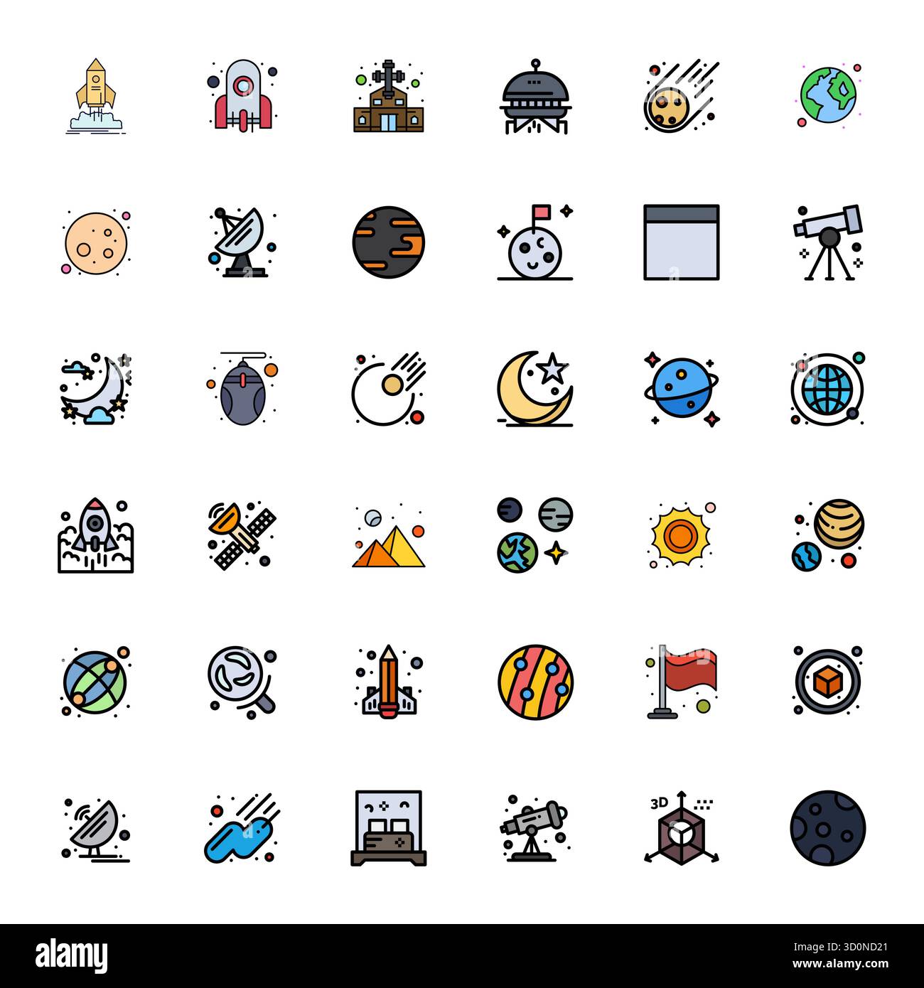 Artfully designed 36 Flat Line Filled Pixel Optimized vector icons for Space, delivered in Retina Ready format for consistent visual excellence. Stock Vector