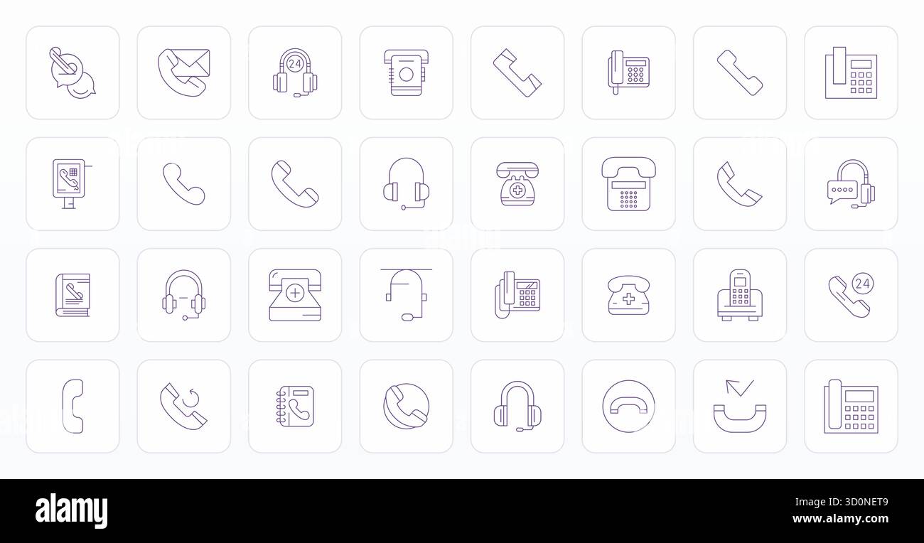 Refined bundle featuring 32 Thin Line vector icons for Telephone, optimized with High Resolution Grid Fitted quality for elegant and functional design Stock Vector