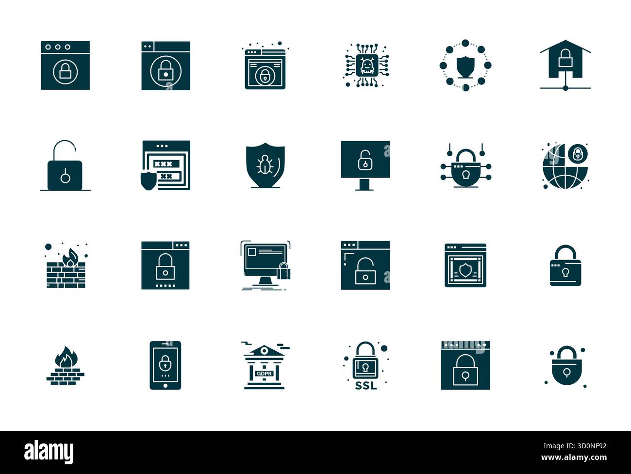 Masterfully created 24 vector icons representing Internet Security in Filled design, featuring 64x64 Display Perfect resolution for exceptional visual Stock Vector