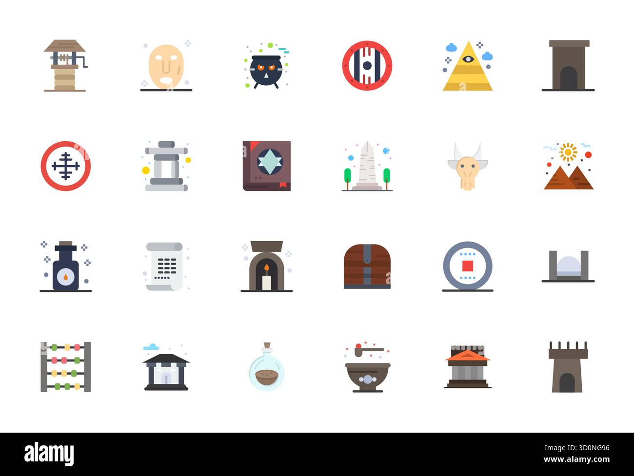 Vector pack with 24 Flat Display Perfect icons inspired by Ancient, delivered in 128x128 resolution ideal for scalable and creative design work. Stock Vector