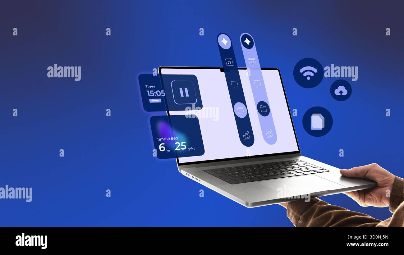 Bold artwork. Hands holding laptop with blue interface icons showing data visualization and cloud control Stock Photo