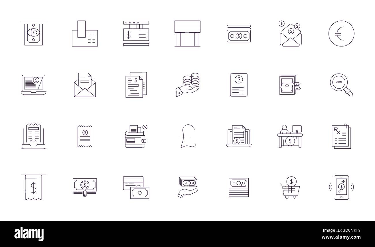 Unlock 28 Thin Line Pixel Optimized vector icons inspired by Bill, optimized in 64x64 format for flawless display across all devices. Stock Vector