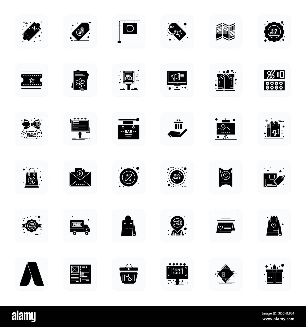 Streamlined set of 36 vector icons for Promotional in Filled aesthetic, featuring 256x256 Grid Fitted resolution for seamless user experiences. Stock Vector