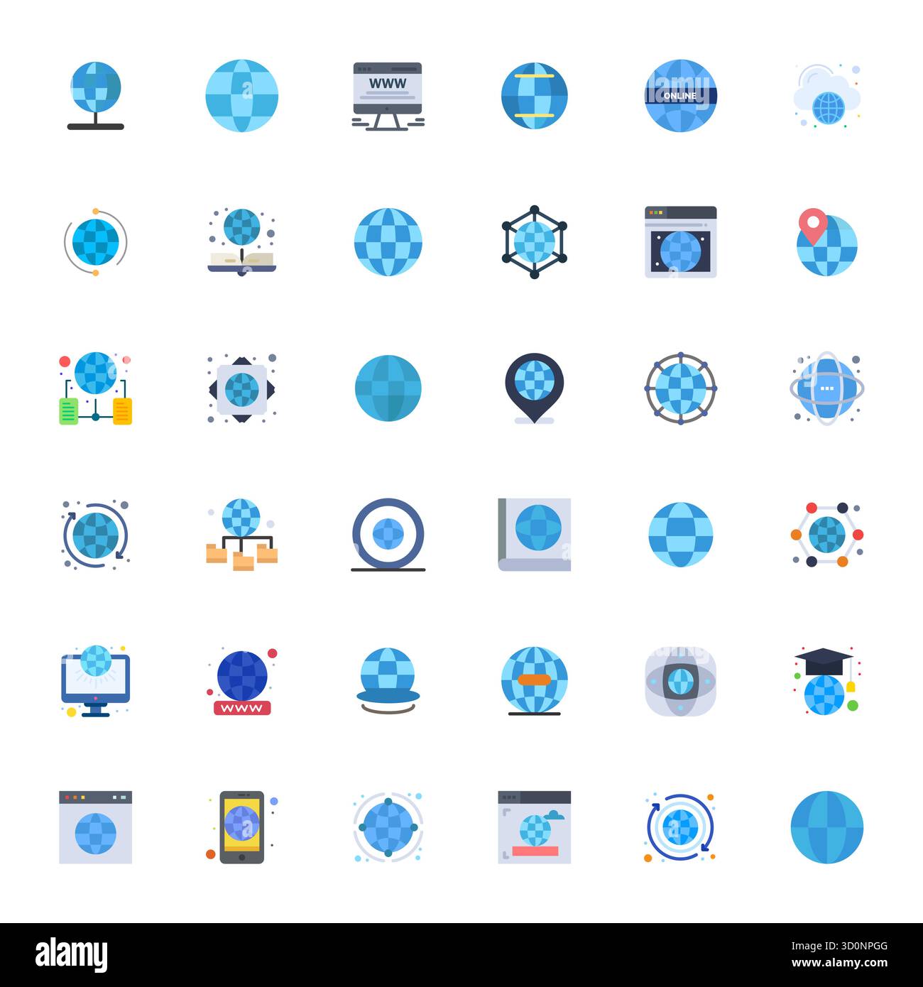 Masterfully created 36 vector icons representing Global Reach in Flat design, featuring 256x256 Editable resolution for exceptional visual quality. Stock Vector