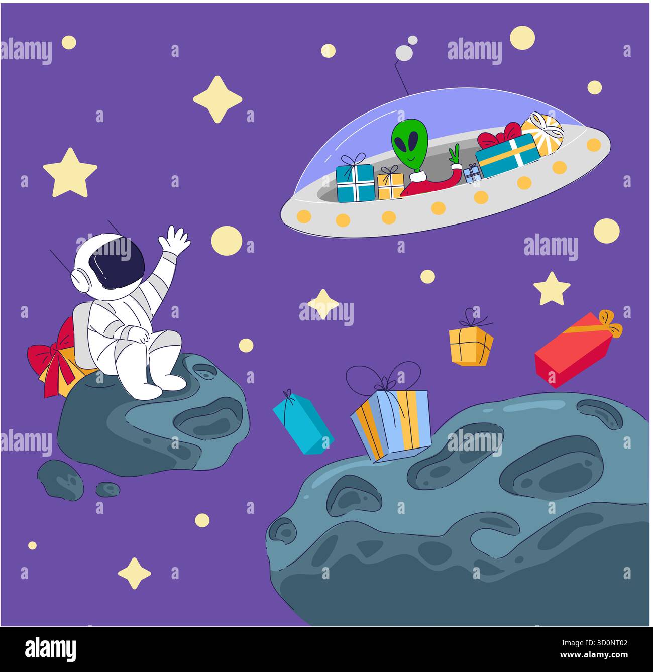 An astronaut waves at an alien spaceship on an asteroid, creating a colorful, festive scene Stock Photo