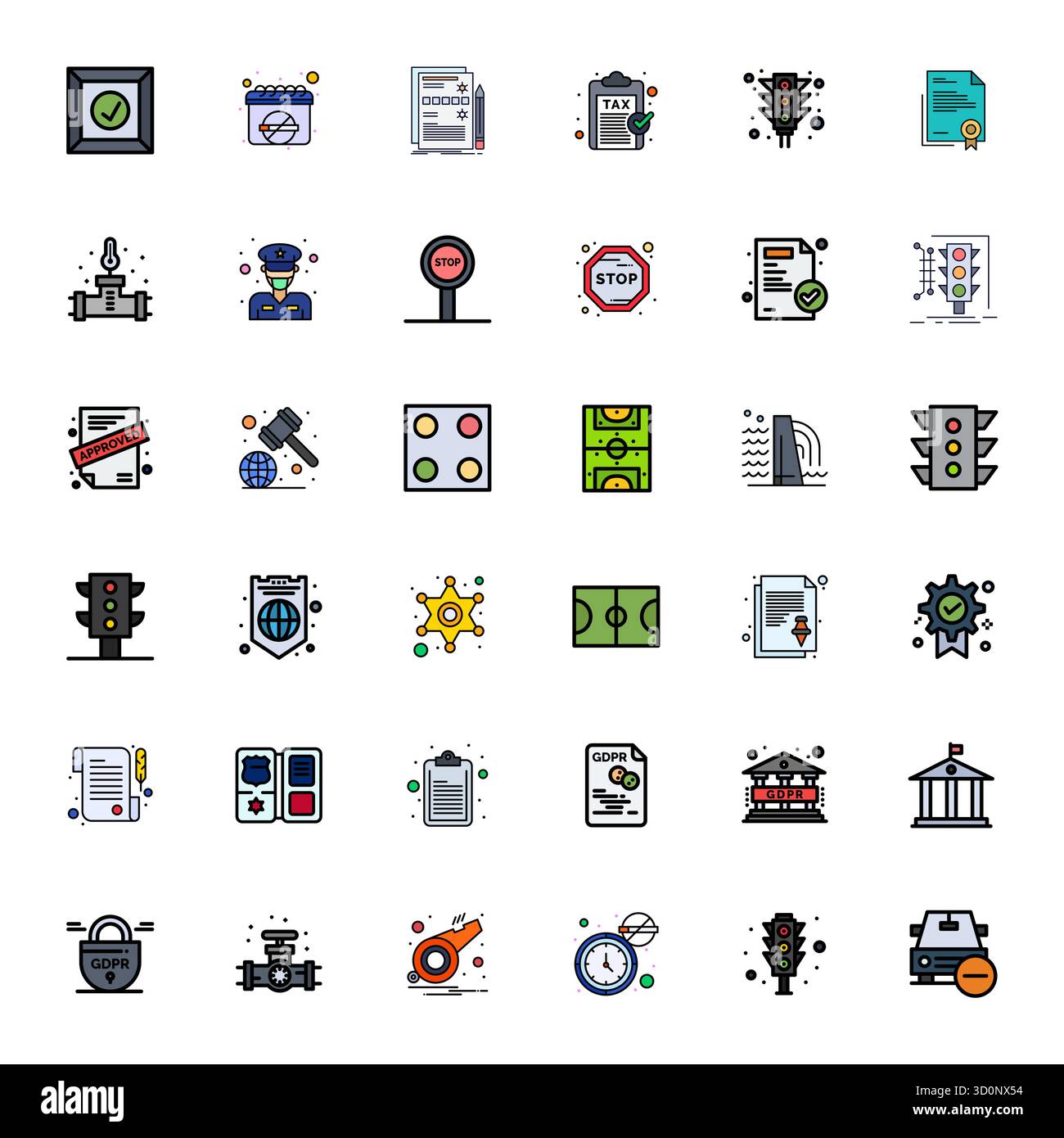This Regulation vector icon pack includes 36 Flat Line Filled designs in Retina Ready Editable format, perfect for enhancing digital interfaces. Stock Vector