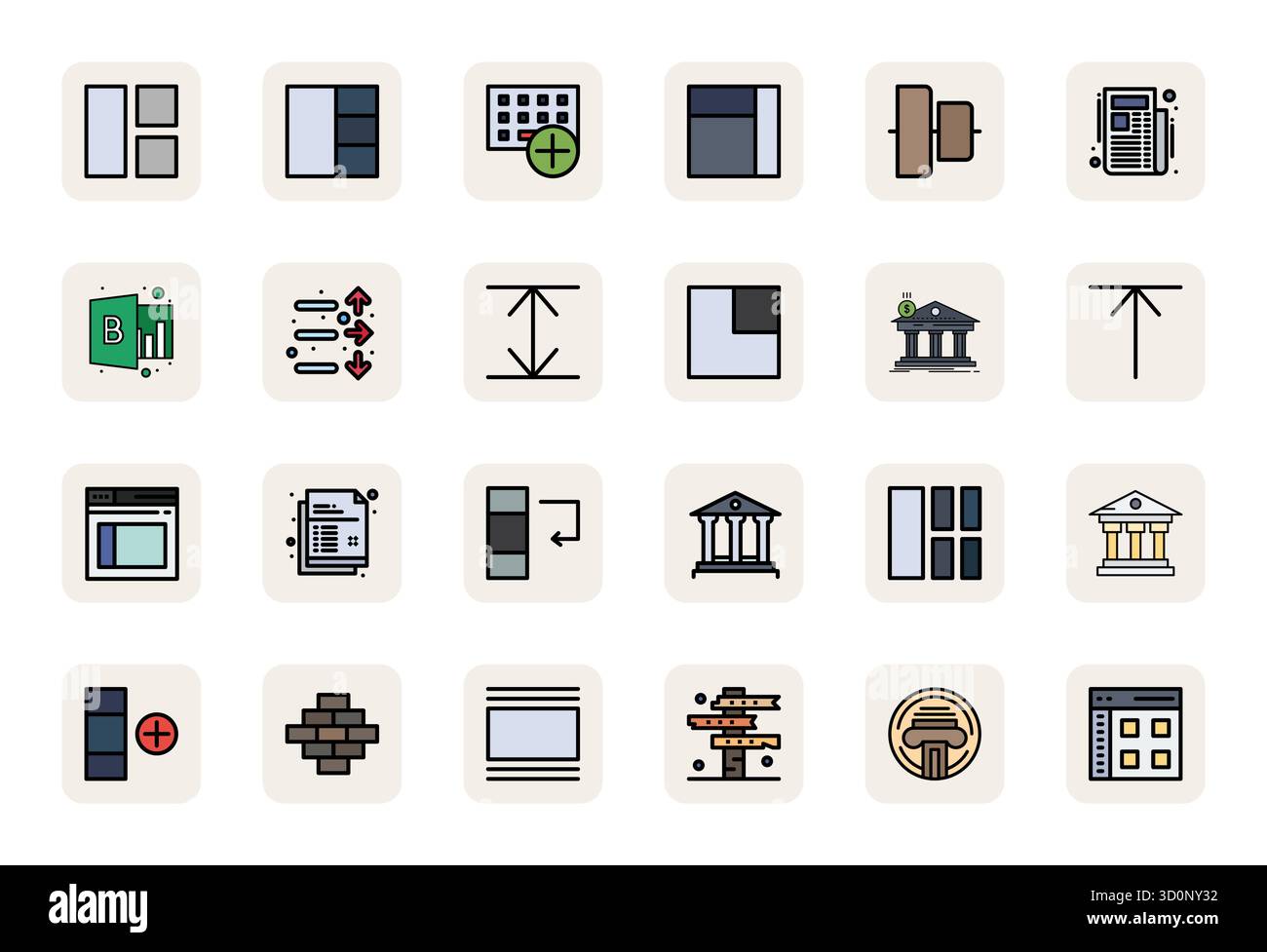 This Column vector icon pack includes 24 LineFilled designs in 64x64 Grid Fitted format, perfect for enhancing digital interfaces. Stock Vector