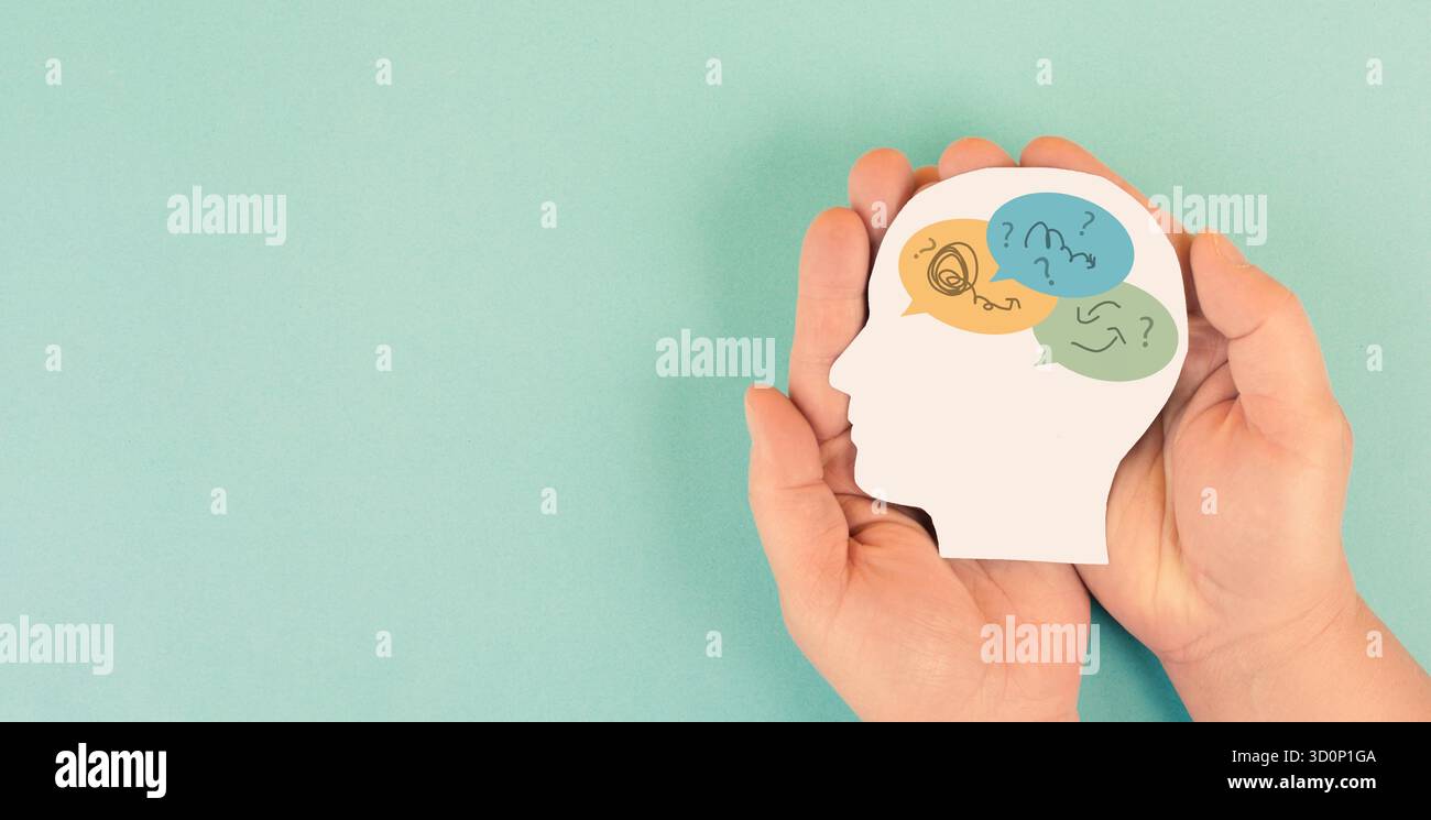 Mind, question mark and speech bubble, education, business concept, confusion, brain searching for answers, brainstorming new idea and solution Stock Photo