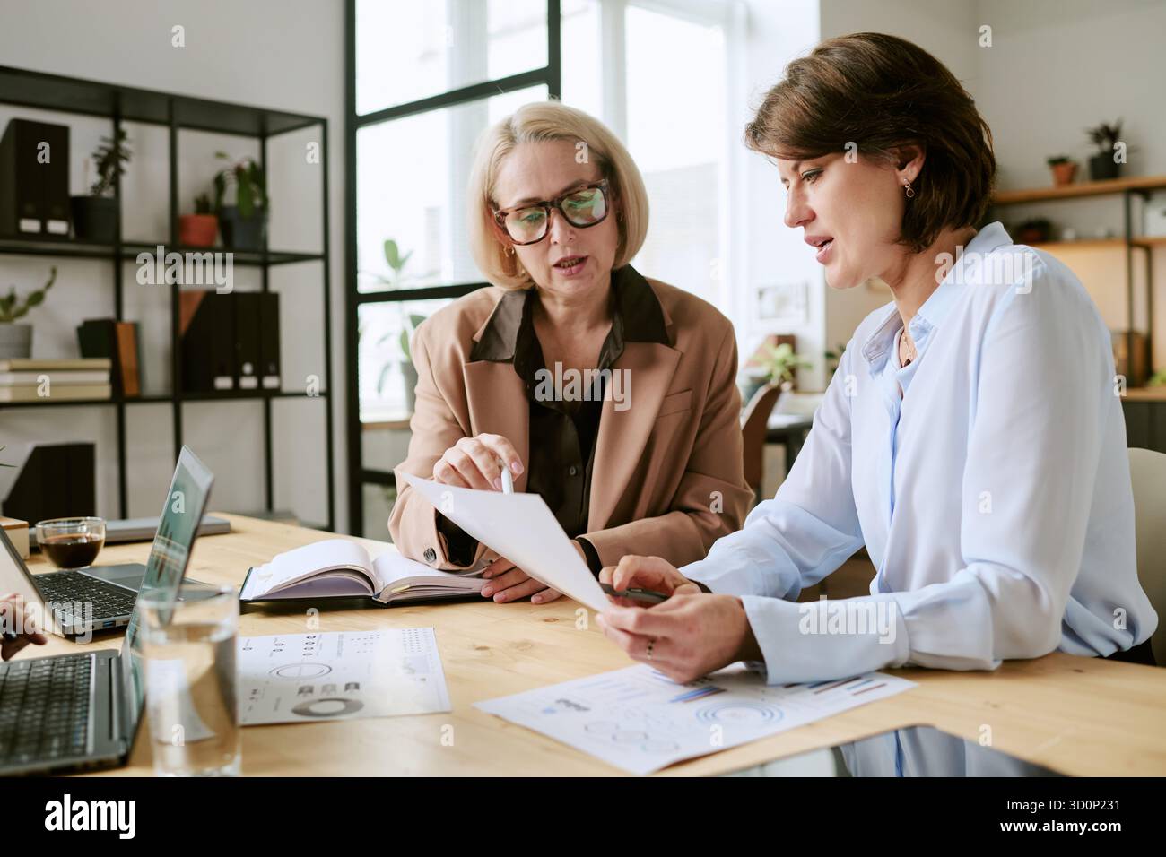 Middle Aged Women Collaborating on Business Documents in Office Stock Photo