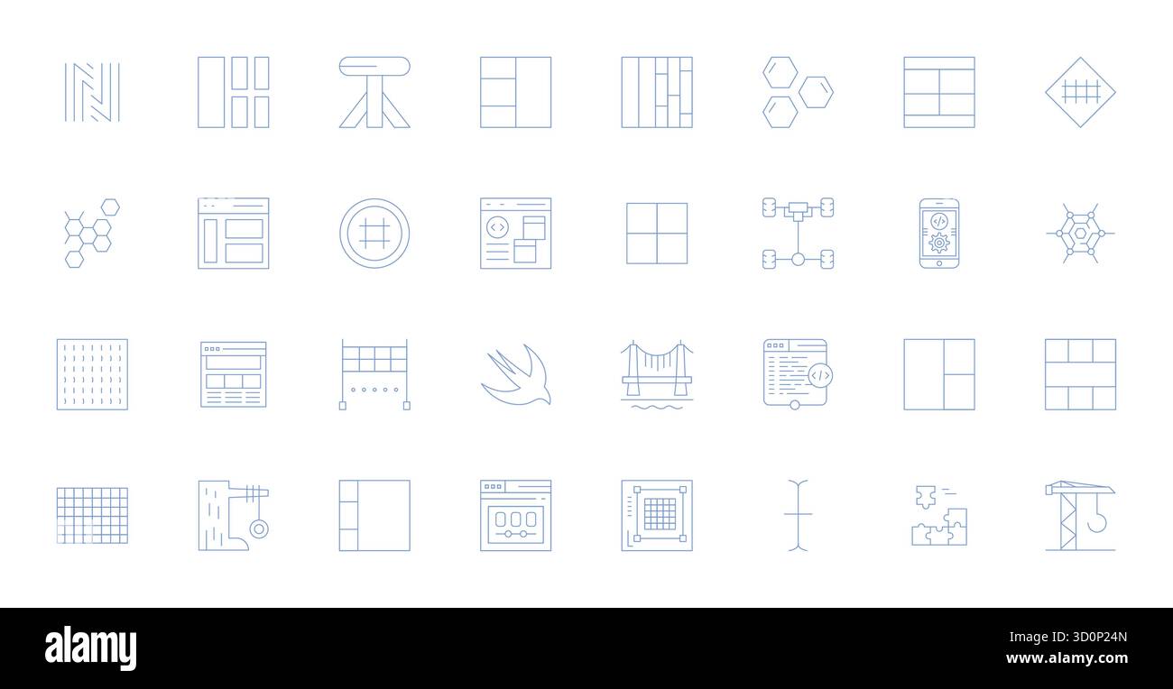 This Framework vector icon pack includes 32 Thin Line designs in High Resolution PIXEL Perfect format, perfect for enhancing digital interfaces. Stock Vector