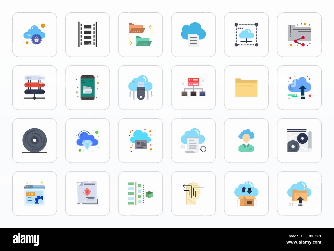A clean collection of 24 Flat vector icons representing Data Management, designed in Retina Ready Display Perfect format for modern dashboards and int Stock Vector