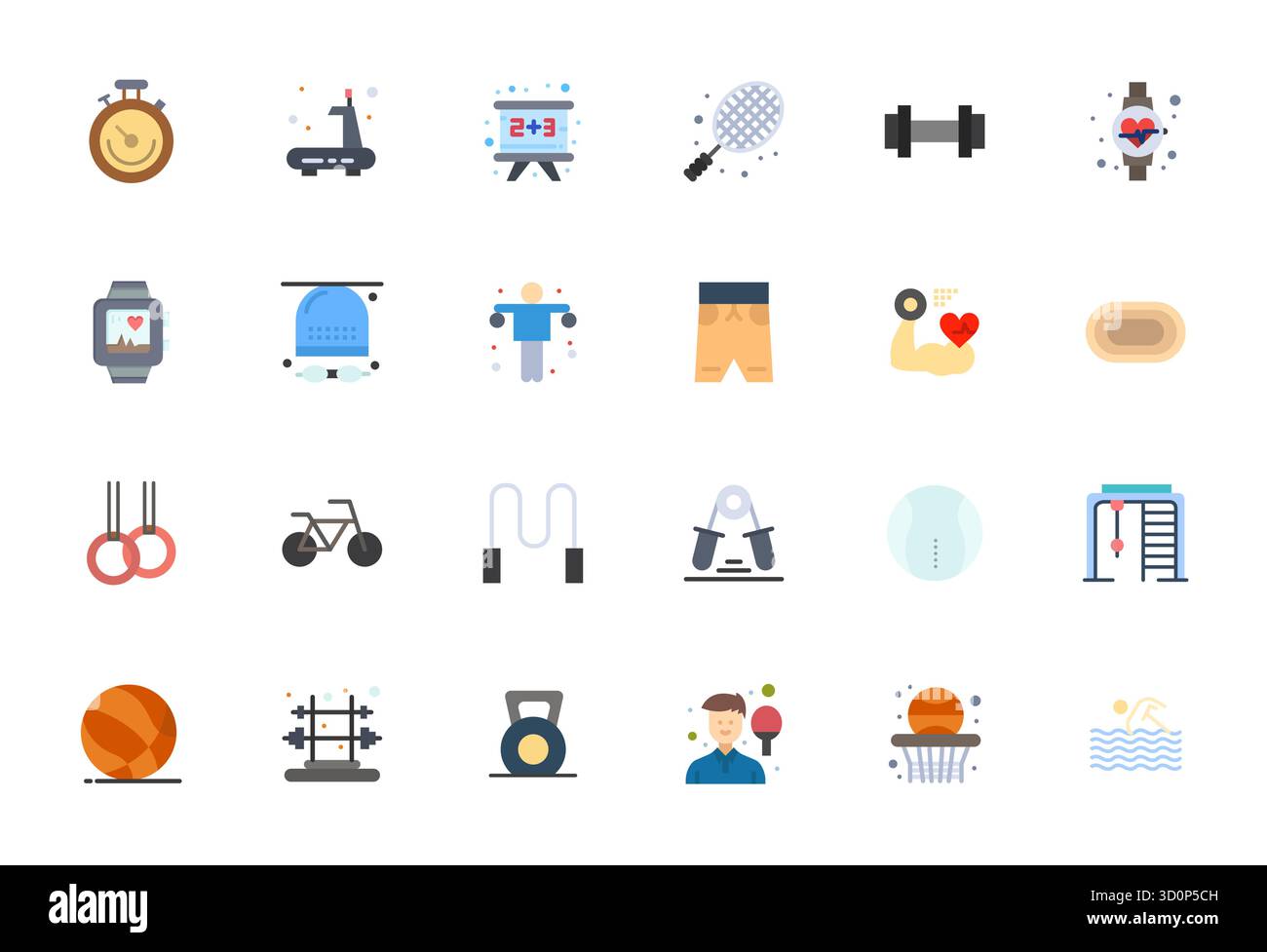 Masterfully created 24 vector icons representing Exercise in Flat design, featuring 64x64 Editable resolution for exceptional visual quality. Stock Vector