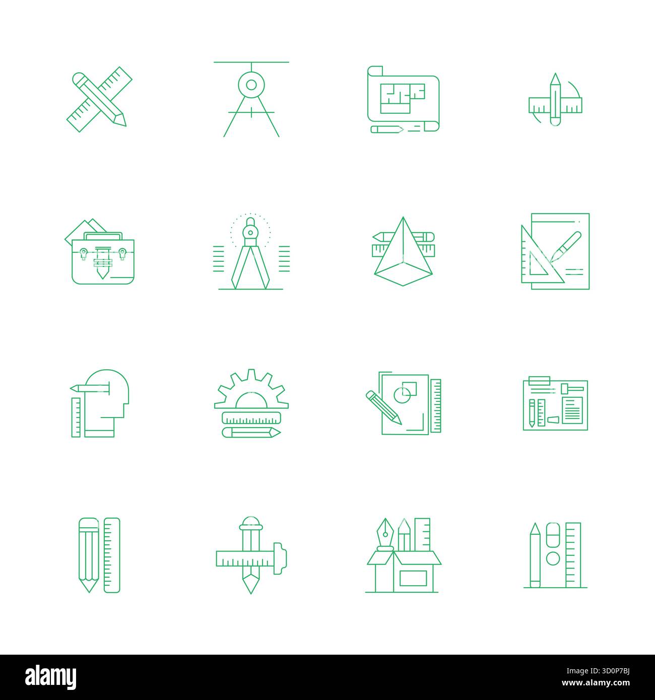 Advanced collection of 16 PIXEL Perfect vector icons inspired by Drafting Tools, crafted in Thin Line with 128x128 optimization for superior visual pe Stock Vector