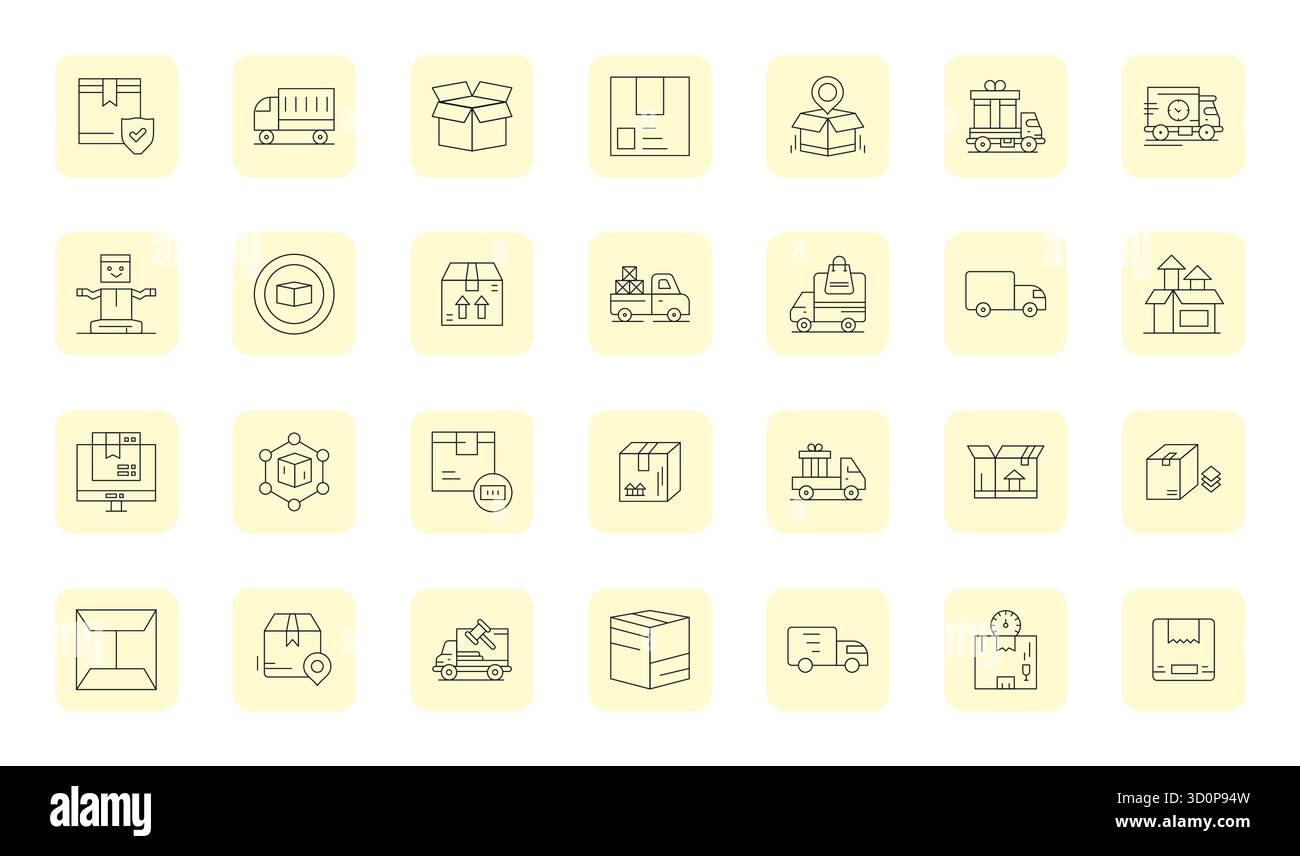 Masterfully created 28 vector icons representing Parcel in Thin Outline design, featuring Retina Ready PIXEL Perfect resolution for exceptional visual Stock Vector