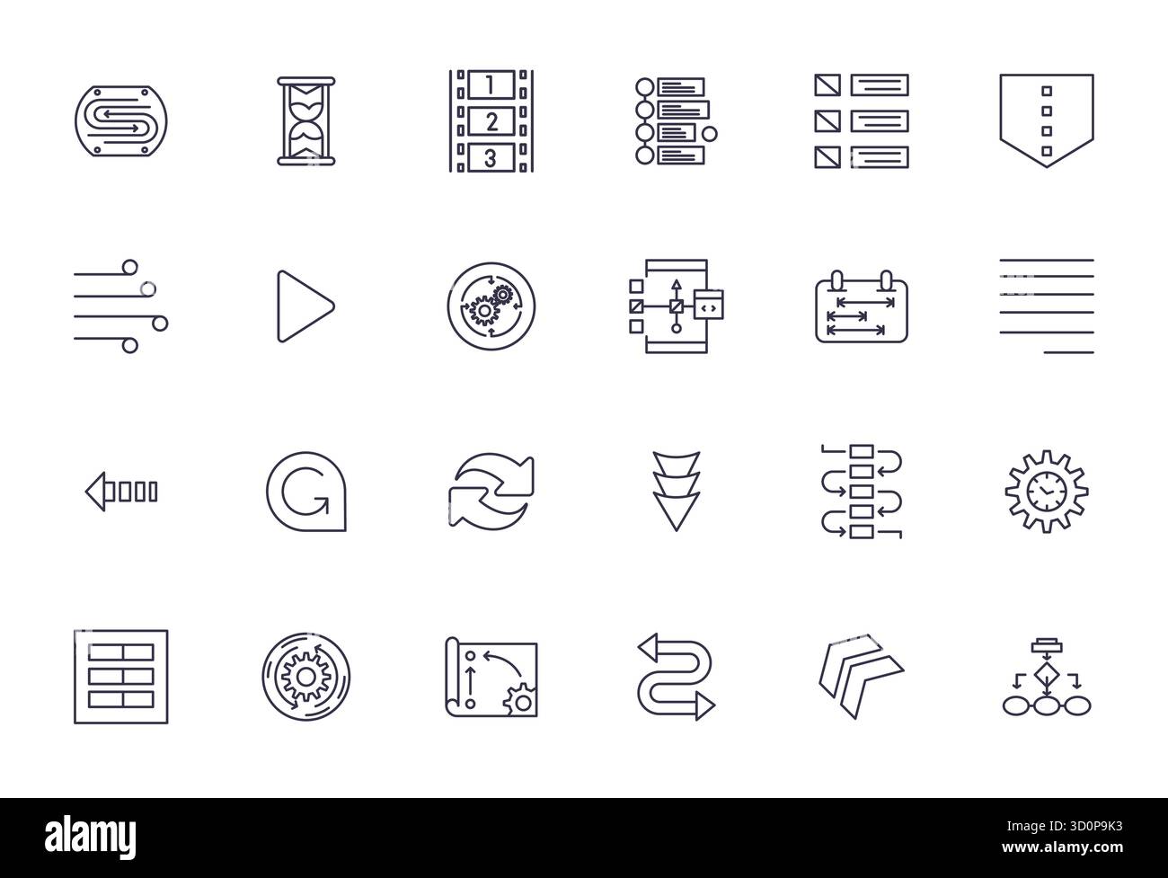 Enhance your projects with 24 Bold Line vector icons themed around Sequential, featuring Retina Ready Pixel Aligned resolution ideal for clean and pro Stock Vector