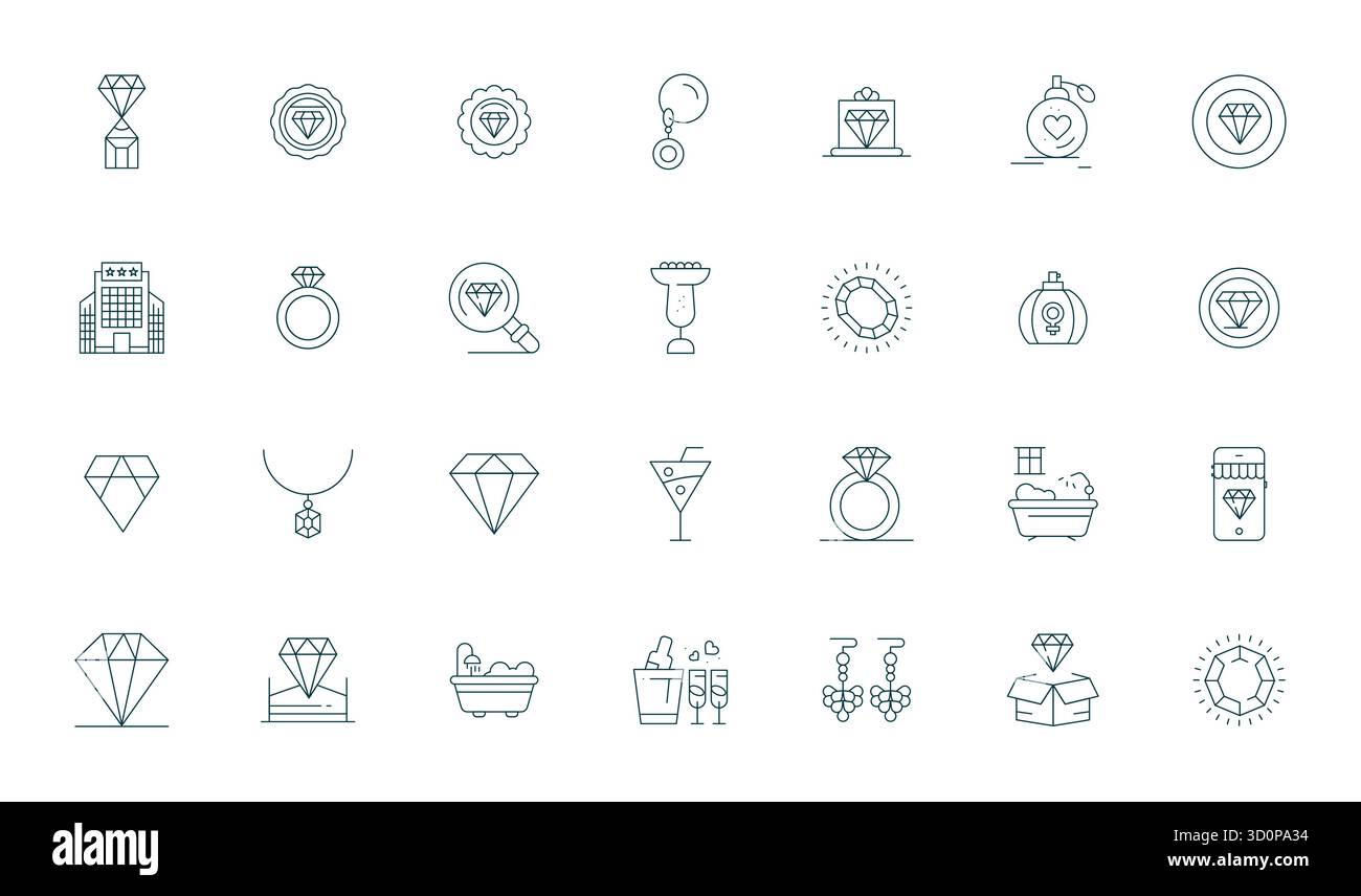 Strategic bundle featuring 28 vector icons representing Luxury in Thin Line format, optimized with 256x256 Editable quality for professional workflows Stock Vector