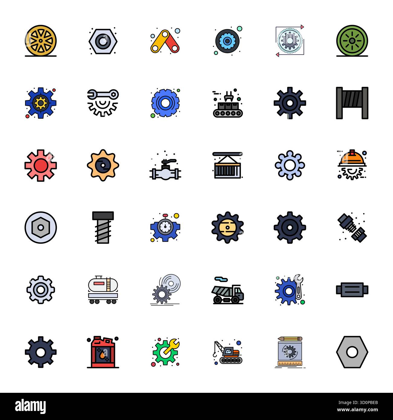 Masterfully created 36 vector icons representing Machinery in Line Filled design, featuring 128x128 Pixel Optimized resolution for exceptional visual Stock Vector