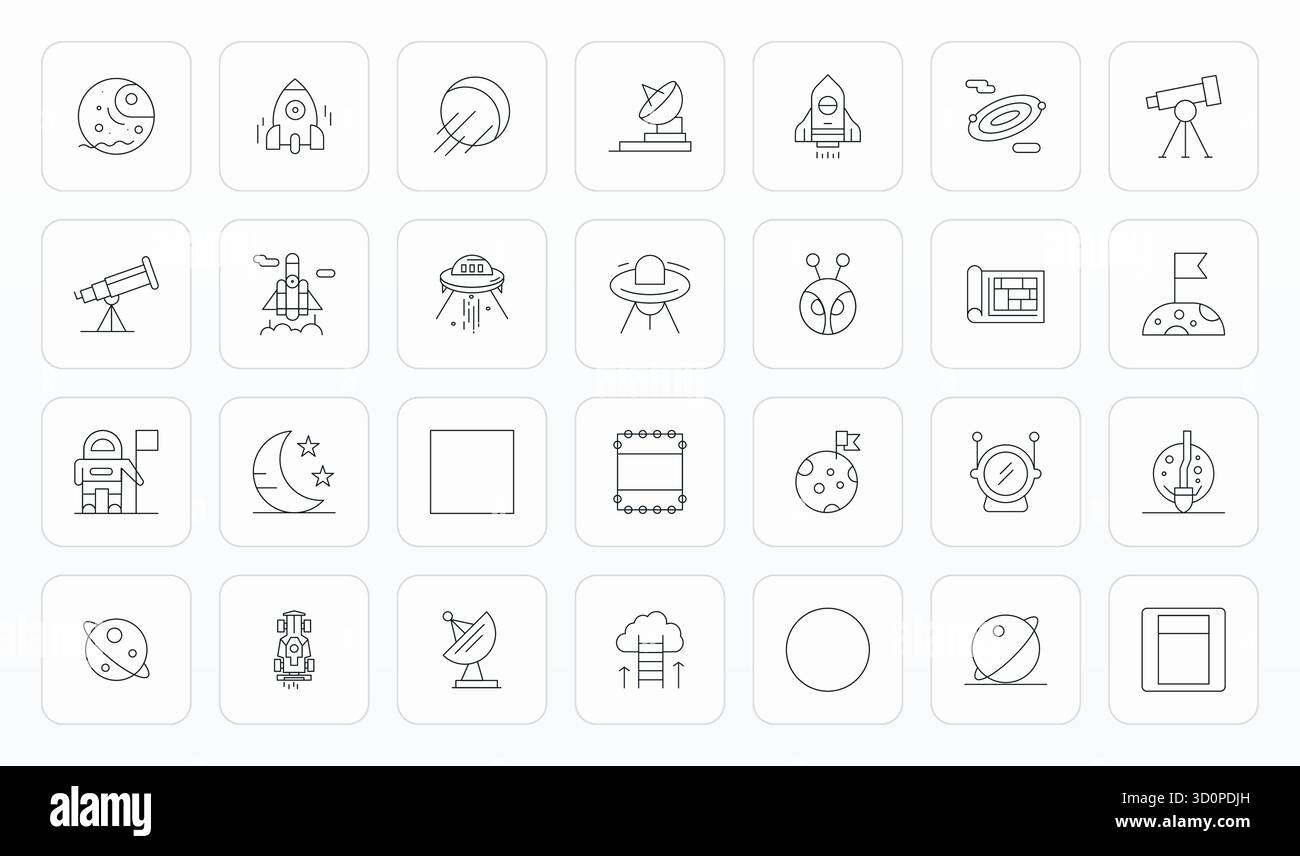 Strategic bundle featuring 28 vector icons representing Space in Thin Line format, optimized with 256x256 Grid Fitted quality for professional workflo Stock Vector