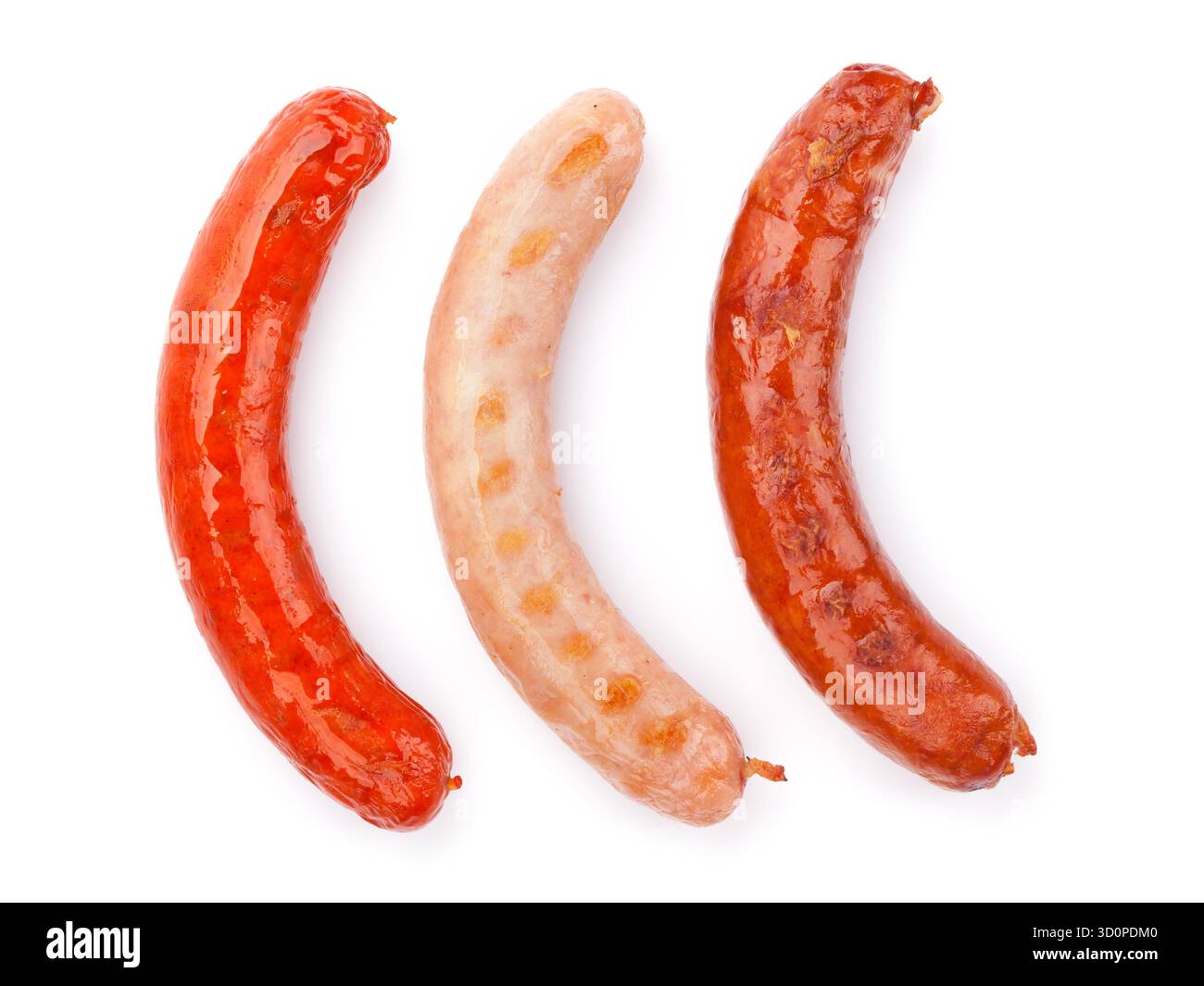 Various grilled sausages. Isolated on white background Stock Photo