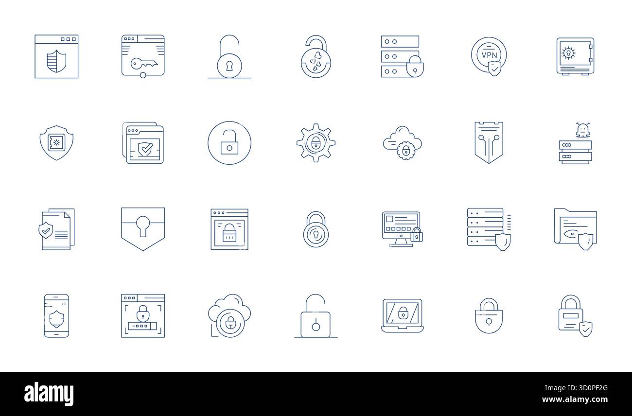 Expertly designed 28 Thin Line Editable vector icons for Digital Security, engineered at 128x128 resolution for flawless integration and performance. Stock Vector