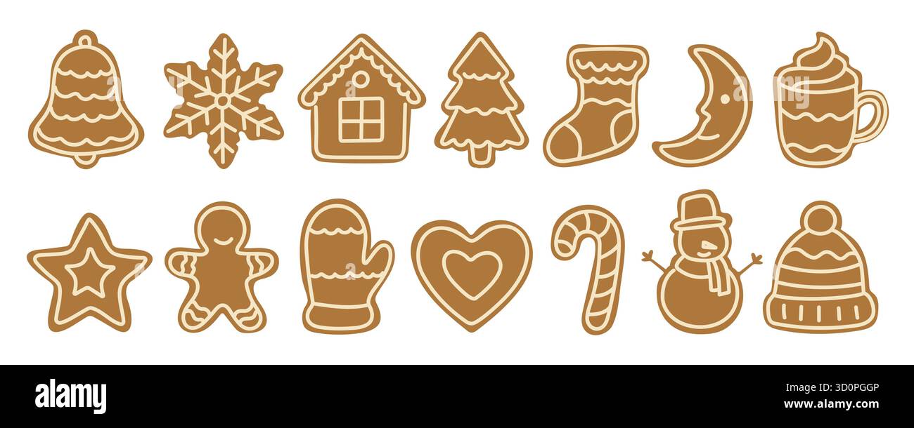 Decorative gingerbread icons illustrate popular holiday symbols ...