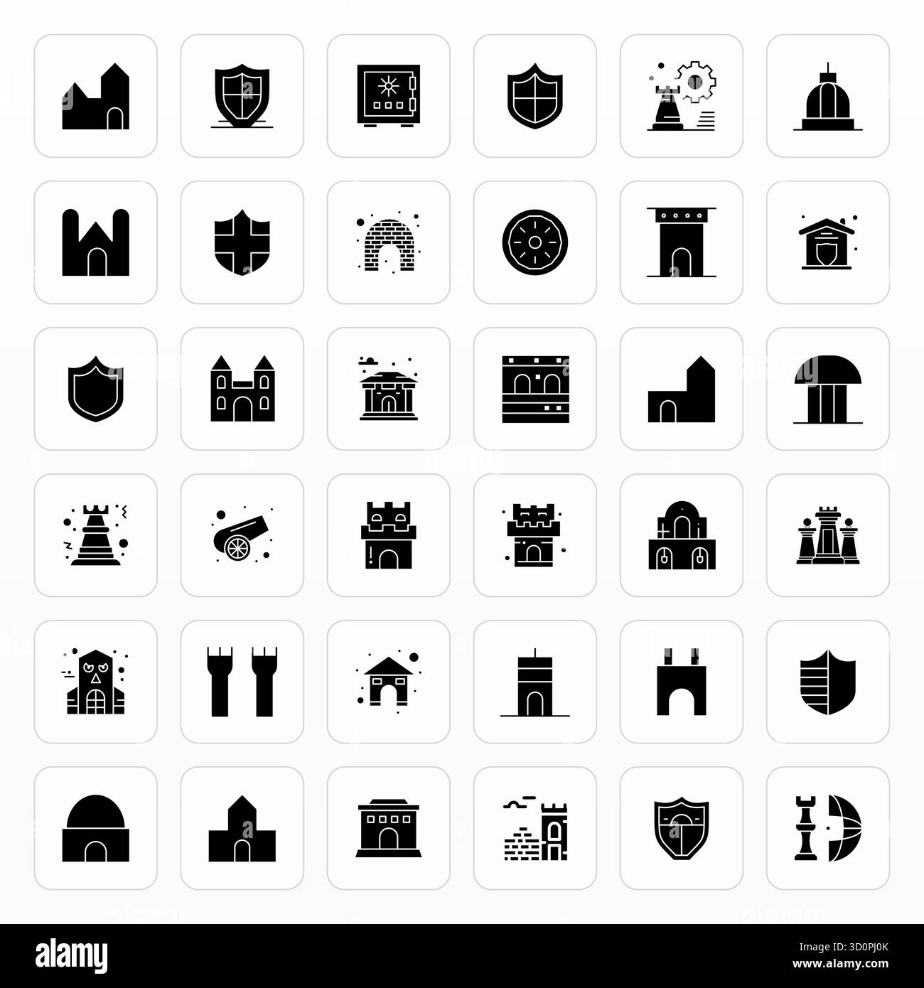 Comprehensive bundle featuring 36 vector icons in Glyph design for Fortress, delivered in crisp 256x256 Pixel Optimized quality. Stock Vector