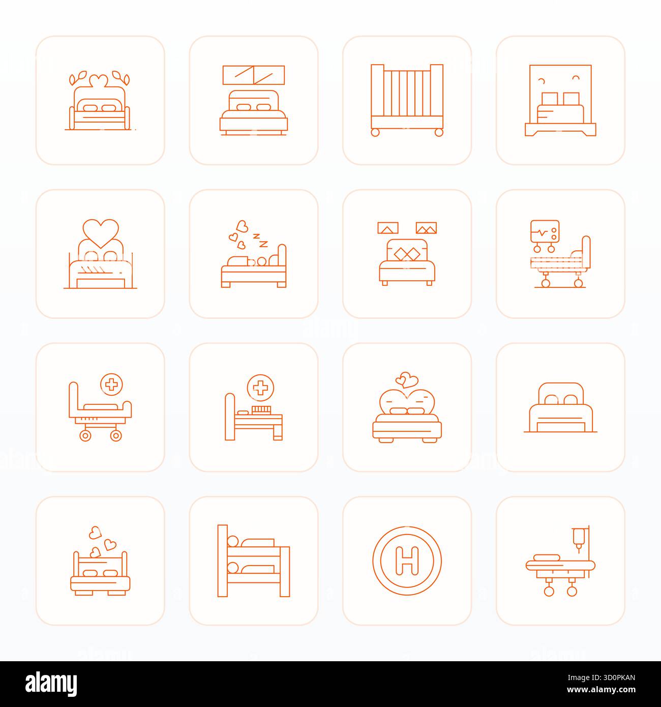 A clean collection of 16 Thin Line vector icons representing Bed, designed in 64x64 Detail Enhanced format for modern dashboards and interfaces. Stock Vector