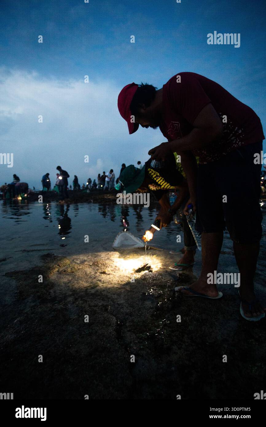 People search for sea worms called "Nyale" during the traditional Bau Nyale festival at Seger Beach, Central Lombok, Indonesia, on February 19, 2025 Stock Photo