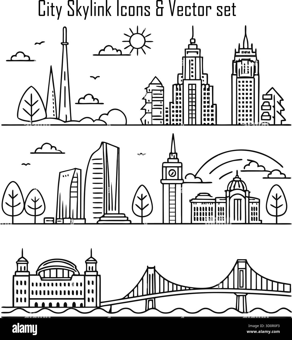 City Icon Set, Urban Buildings and Skyline Symbols, Vector Illustration ...