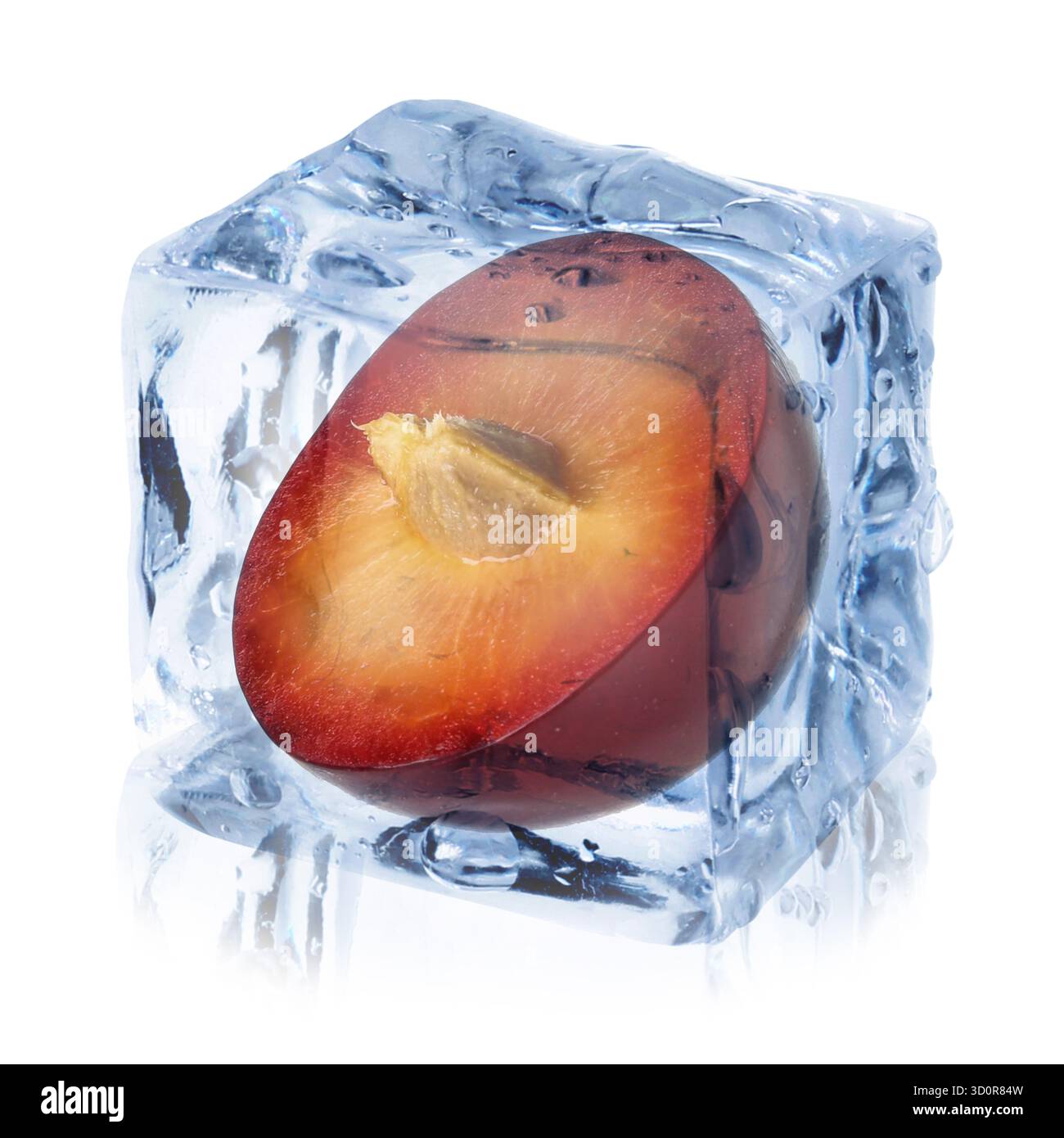 Half of plum inside ice cube isolated on white Stock Photo