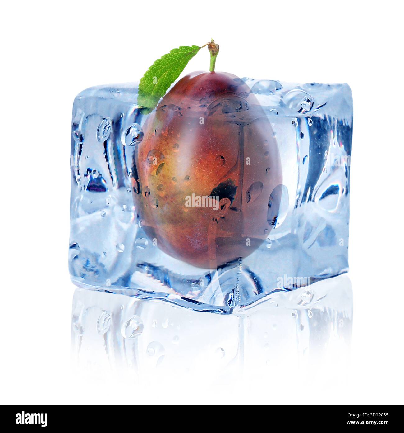 Fresh plum inside ice cube isolated on white Stock Photo