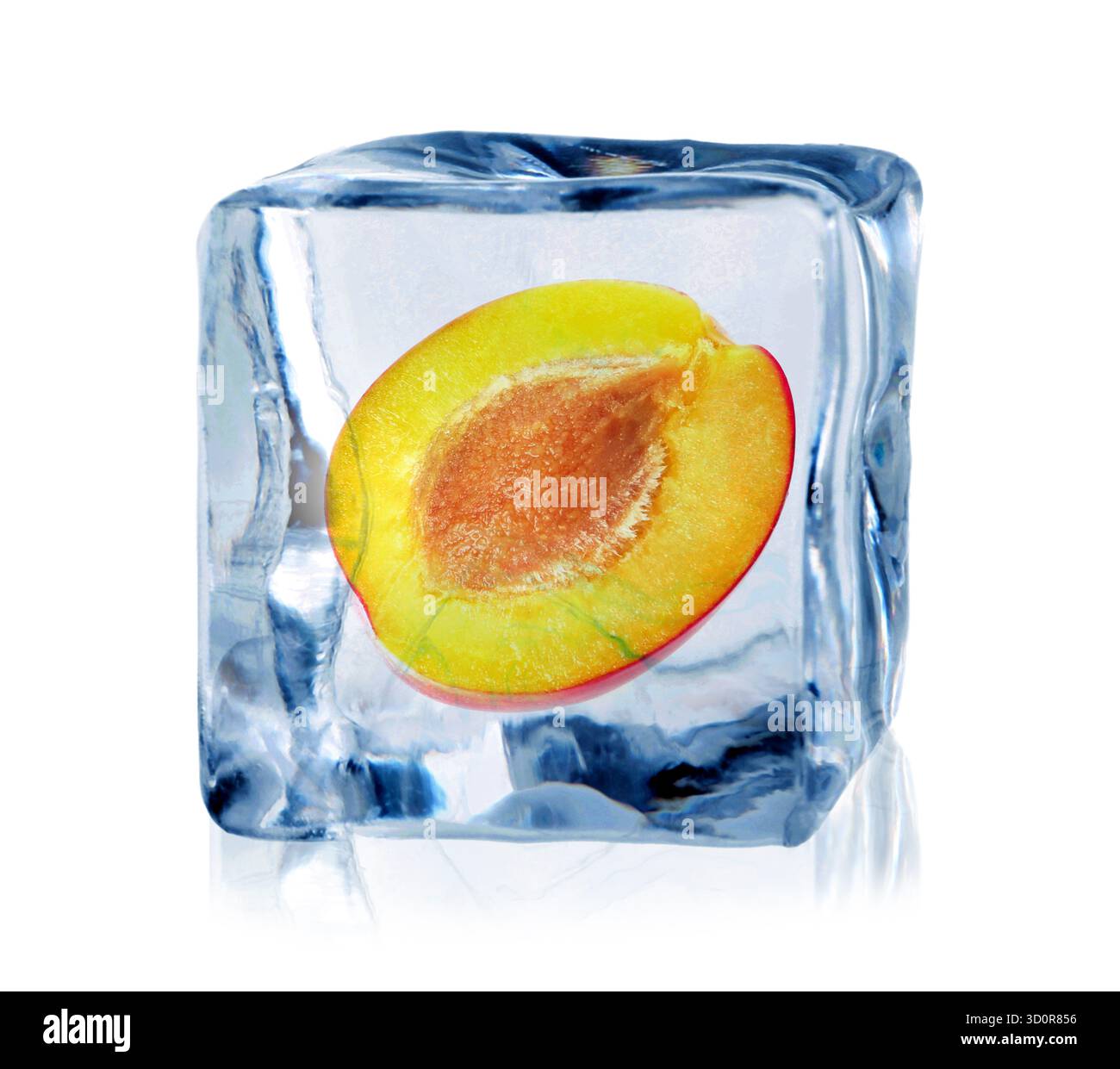Half of plum inside ice cube isolated on white Stock Photo