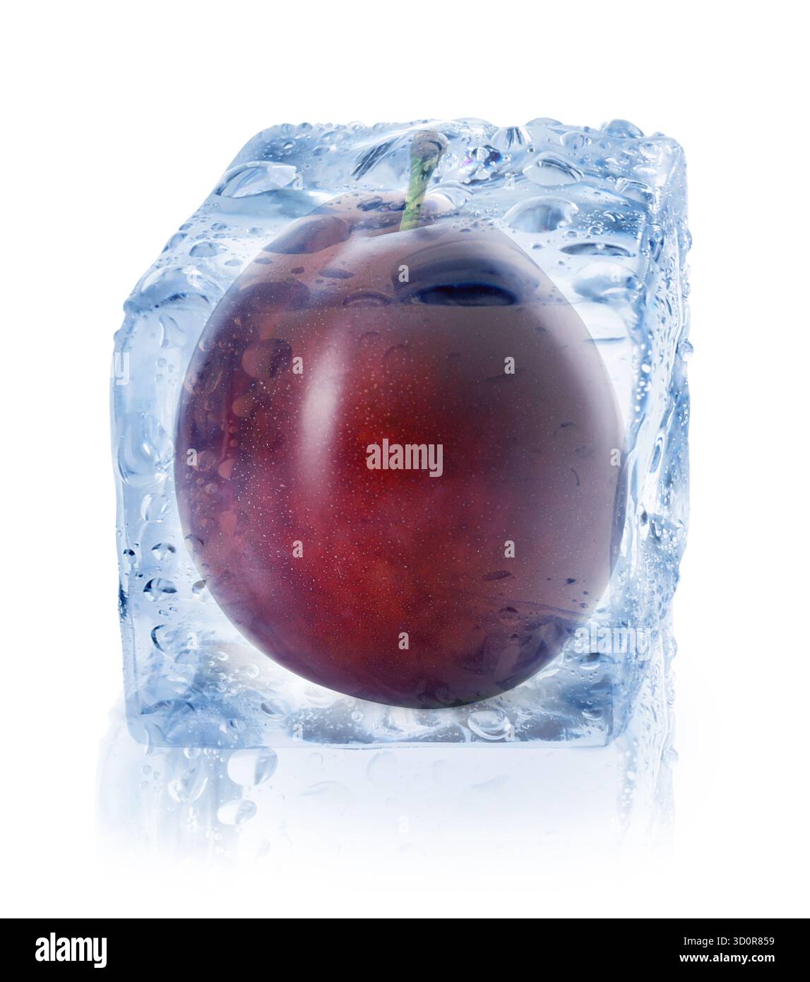 Fresh plum inside ice cube isolated on white Stock Photo