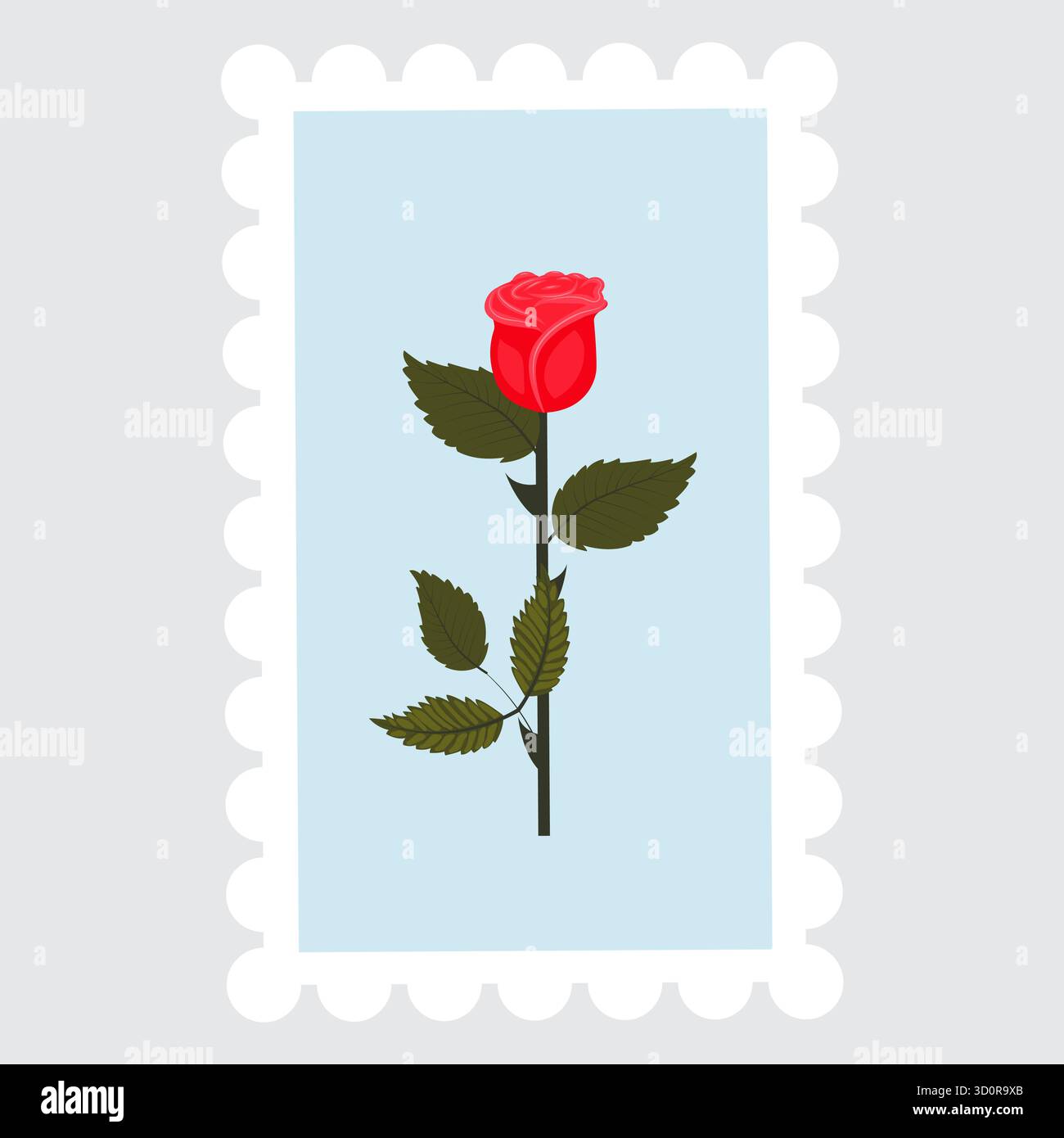 A postage stamp depicting a graceful, bright red rose on a stem. Vector illustration isolated on a gray background. Stock Vector