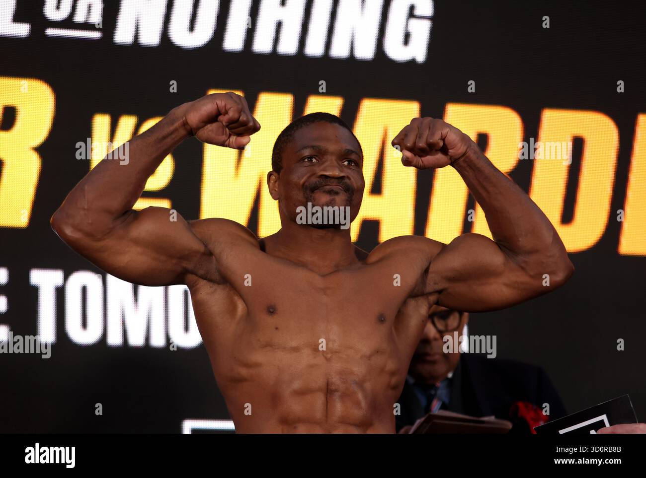 Rolly Lambert Fogoum during a weigh-in at Spitalfields Market, London. Picture date: Friday October 24, 2025. Stock Photo