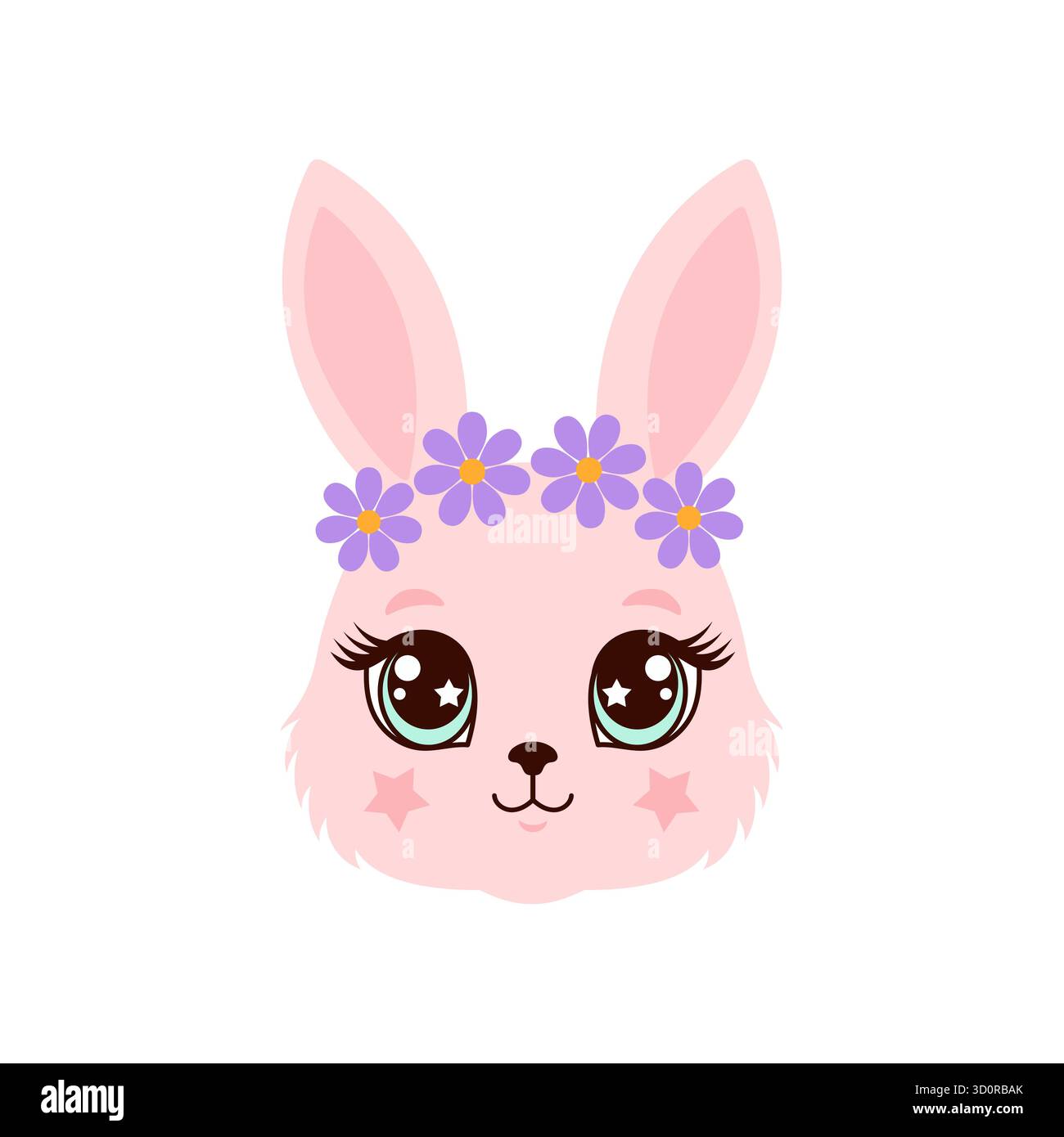Cute pink bunny face illustration with a purple flowers Stock Vector ...