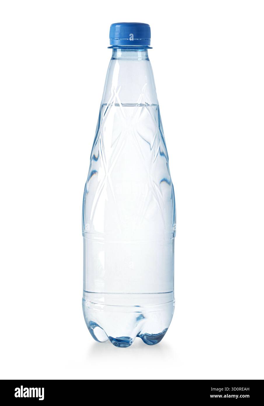 Clear plastic bottle containing refreshing drinking water with blue screw cap Stock Photo