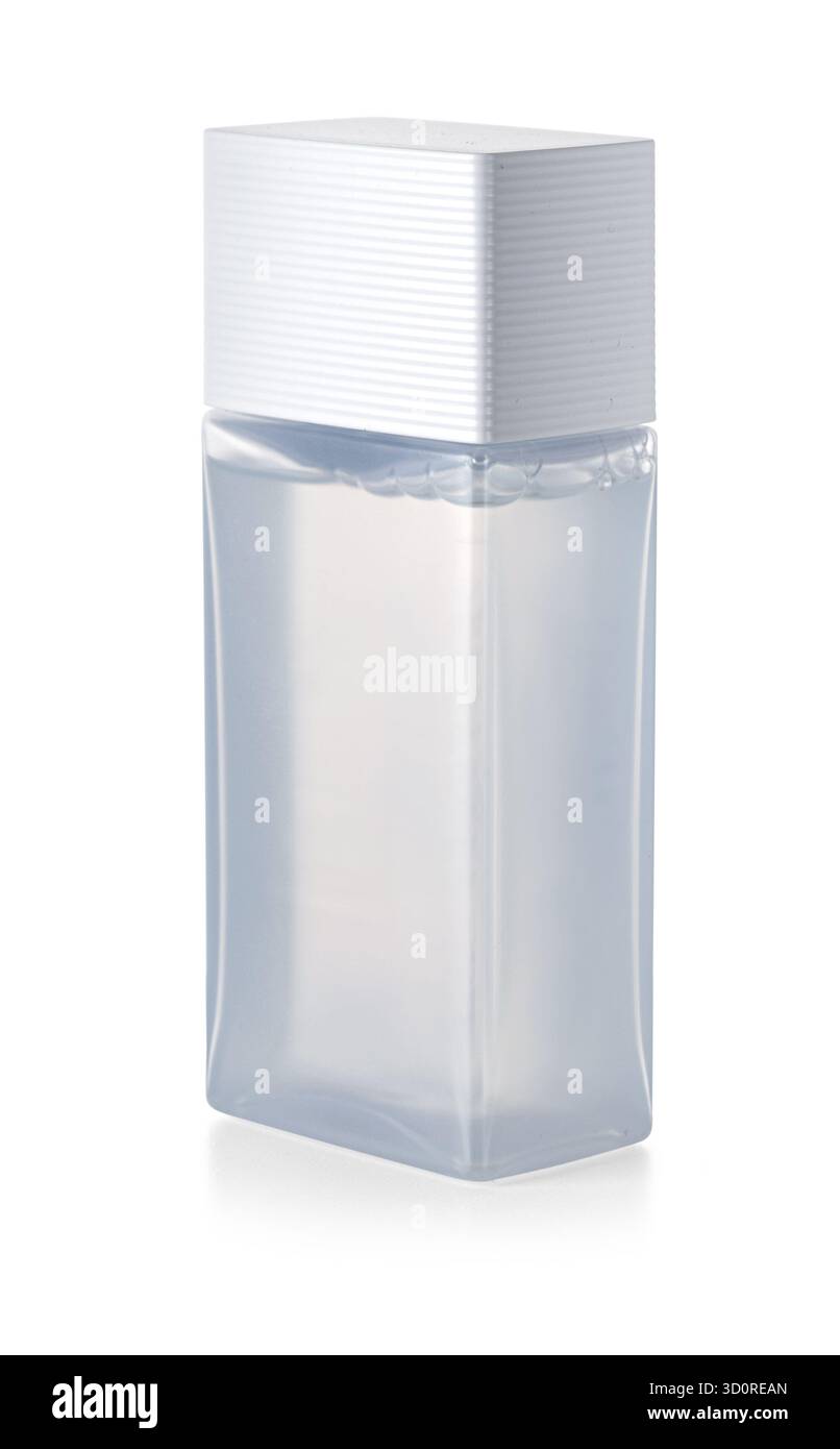 Rectangular cosmetic bottle containing translucent liquid, showcasing its clean design Stock Photo