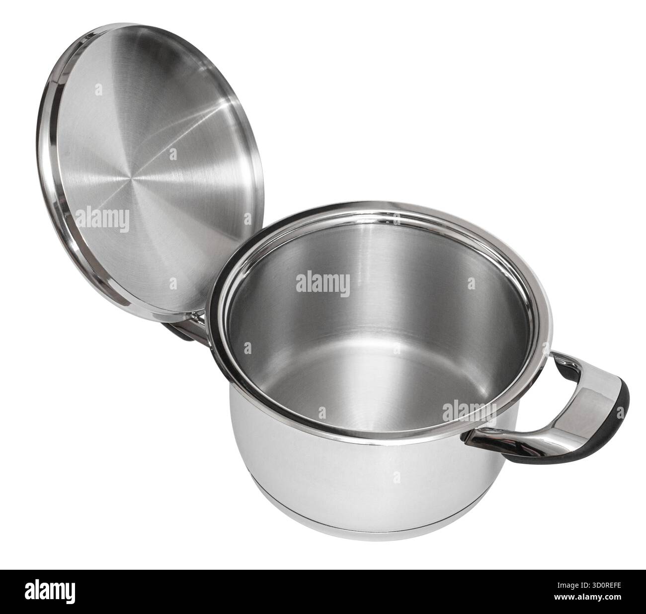 Stainless steel cooking pot with lid open on a white background Stock ...