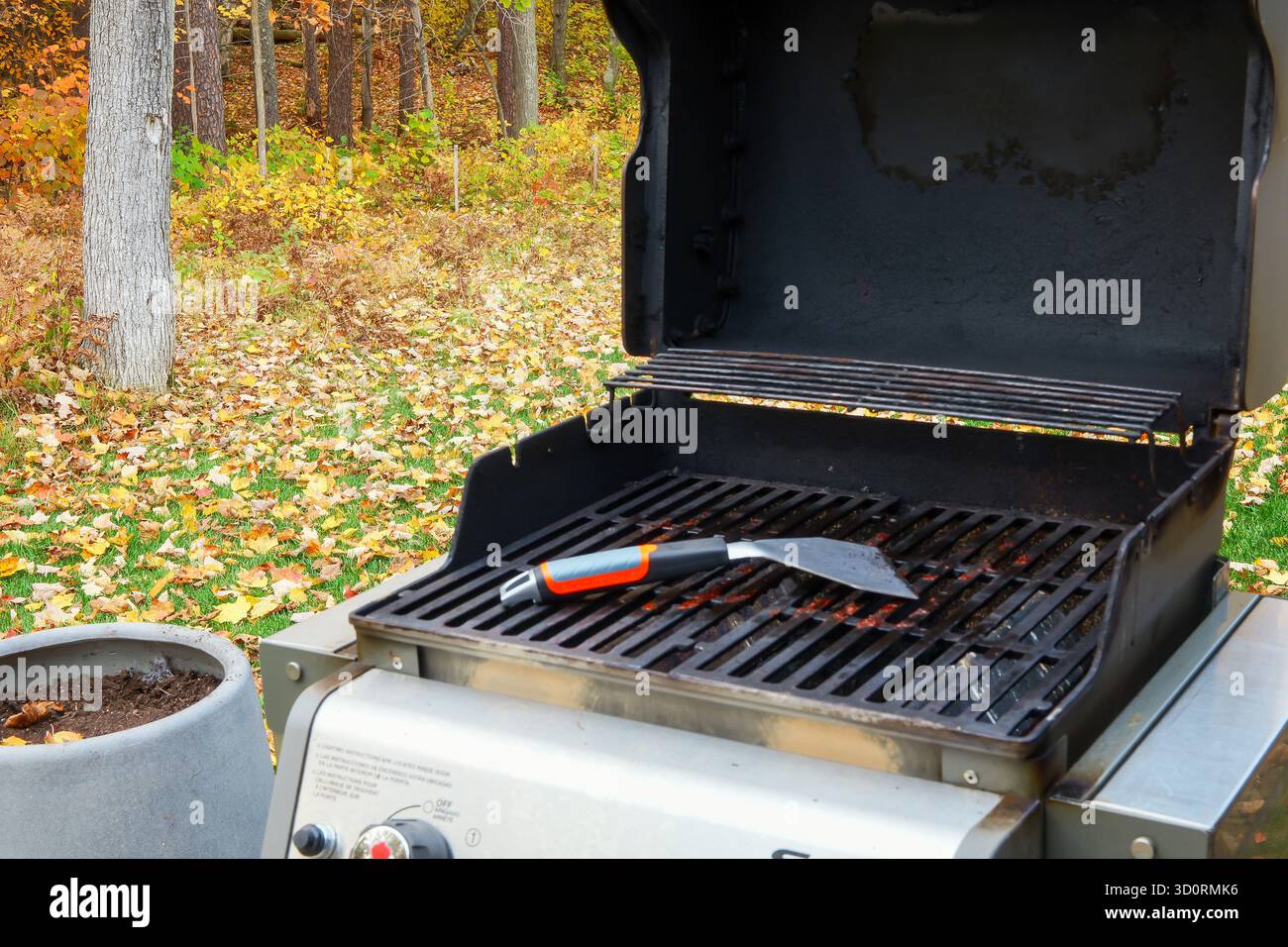 An open outdoor cooking gas grill with a metal scraper on the grates, outside in autumn with leaves on the lawn.. Stock Photo