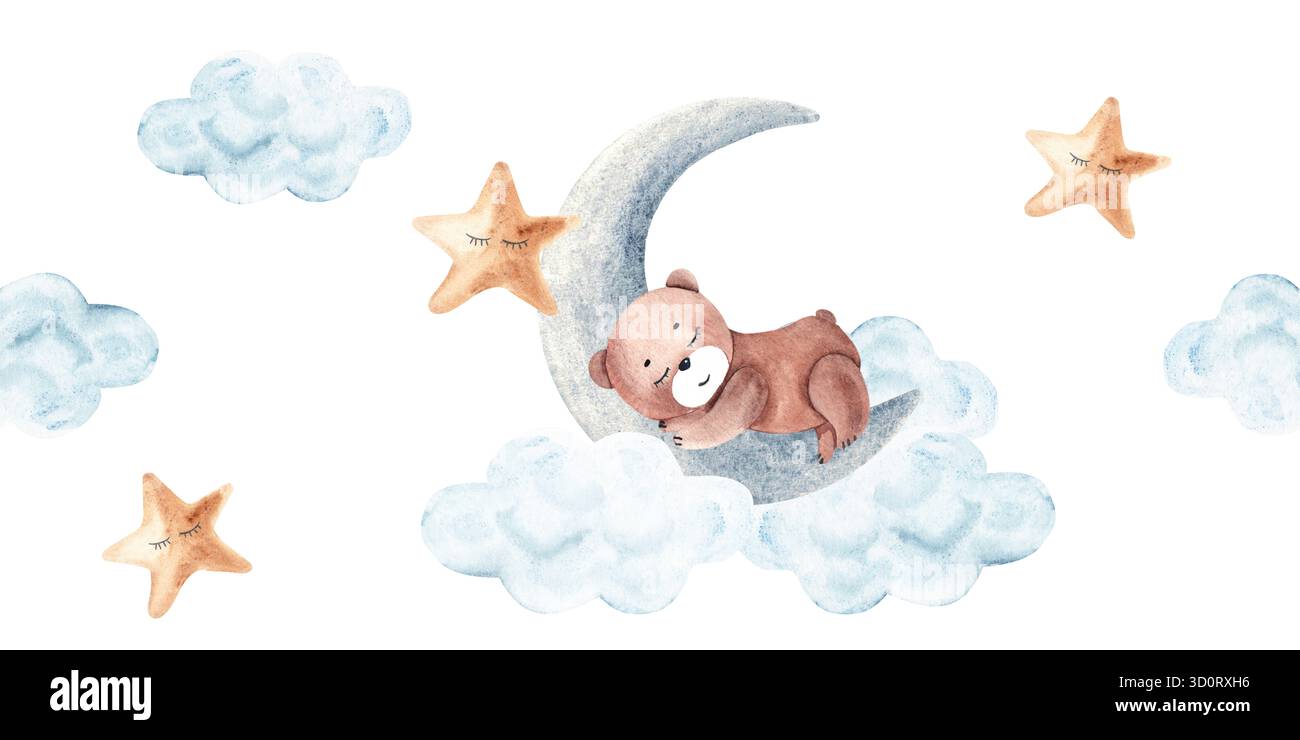 Watercolor sleeping bear on moon with stars and clouds, hand painted ...