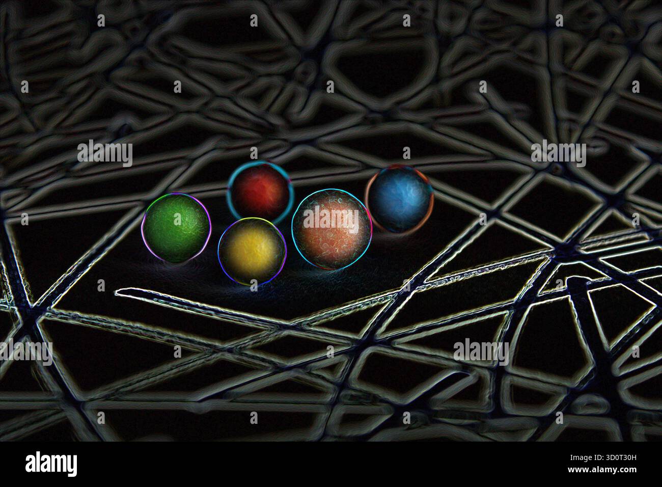 Spheres trapped between lines with a neon effect Stock Photo